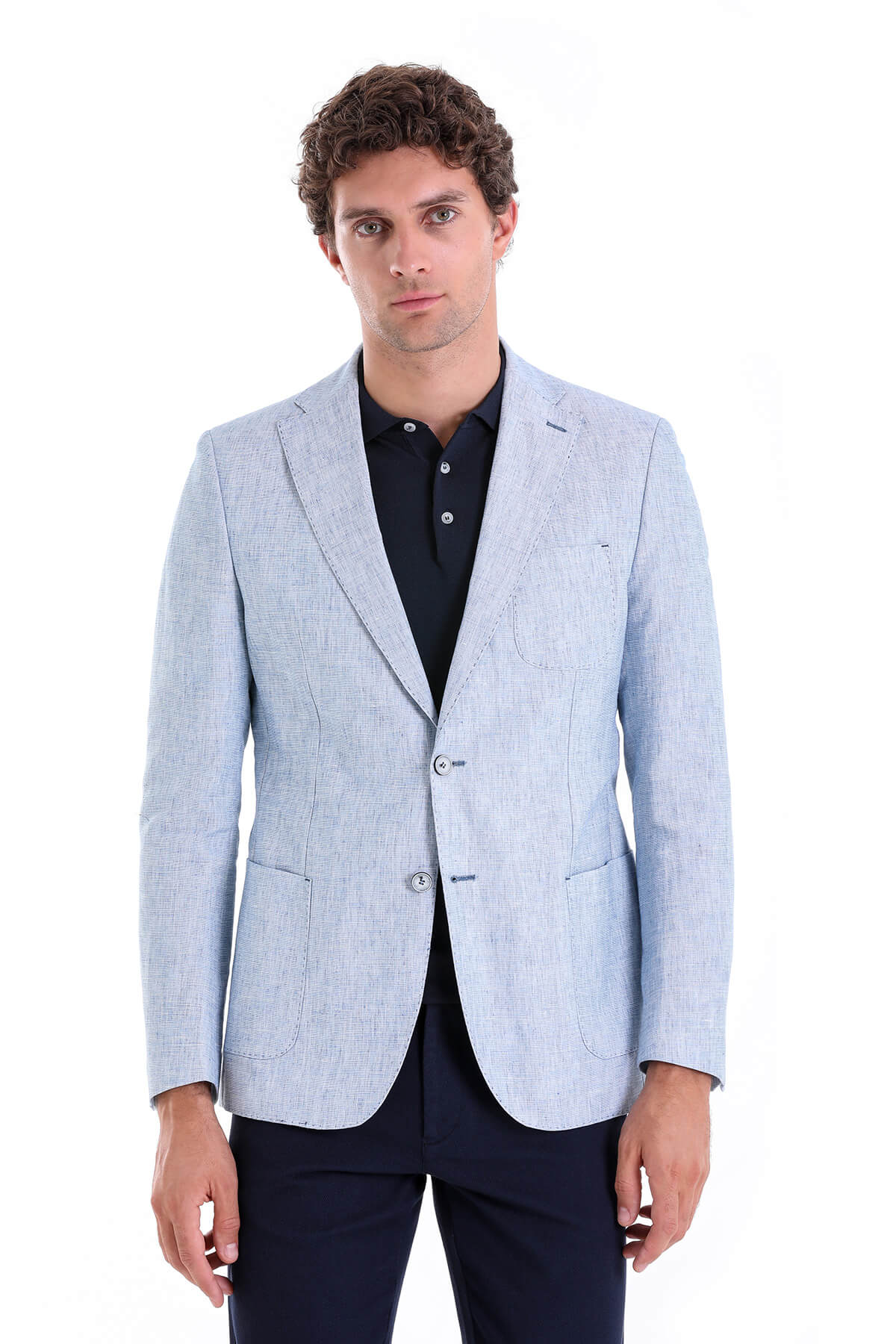 Slim Fit Notch Lapel Ice Blue Linen Casual Blazer - SAYKI