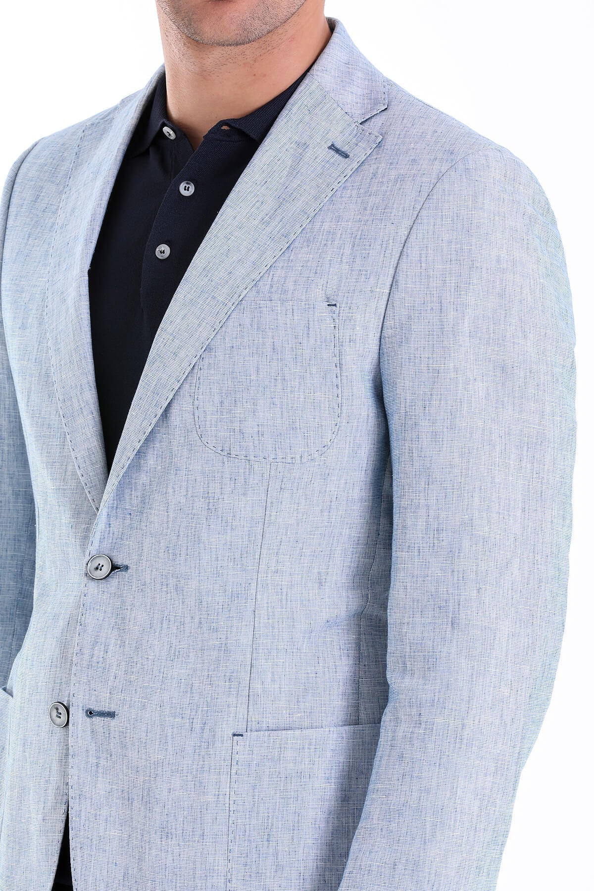 Slim Fit Notch Lapel Ice Blue Linen Casual Blazer - SAYKI