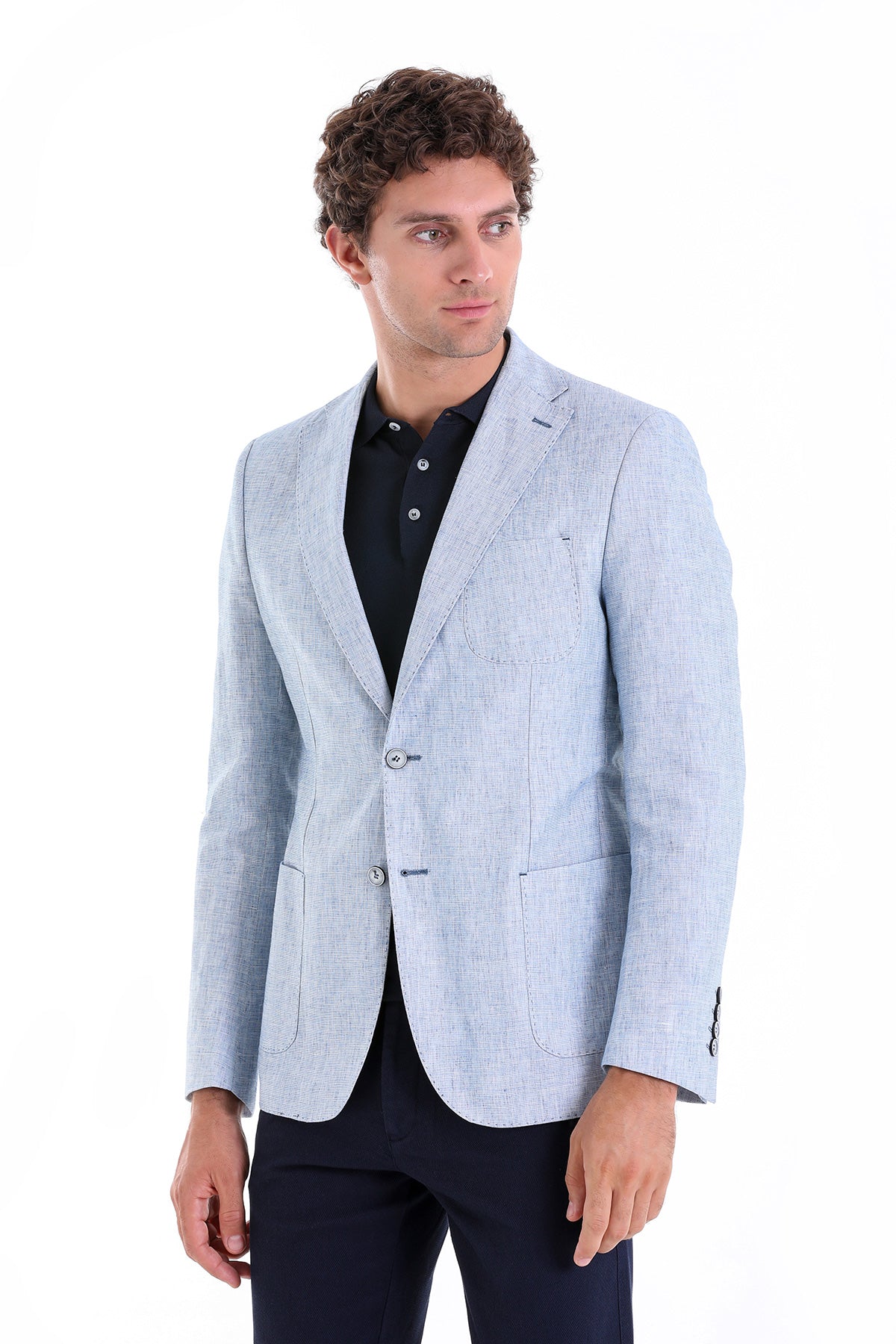 Slim Fit Notch Lapel Ice Blue Linen Casual Blazer - SAYKI