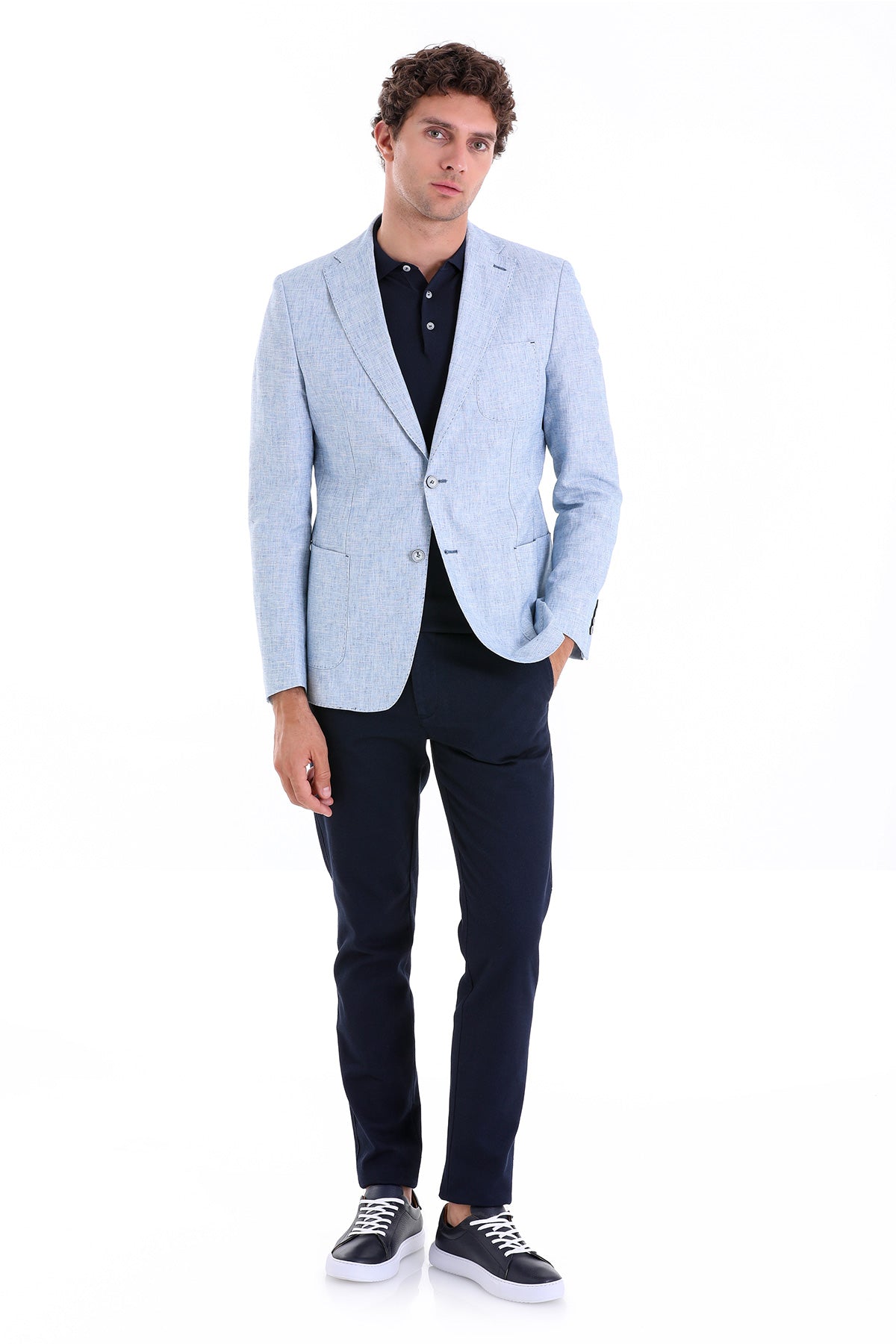 Slim Fit Notch Lapel Ice Blue Linen Casual Blazer - SAYKI