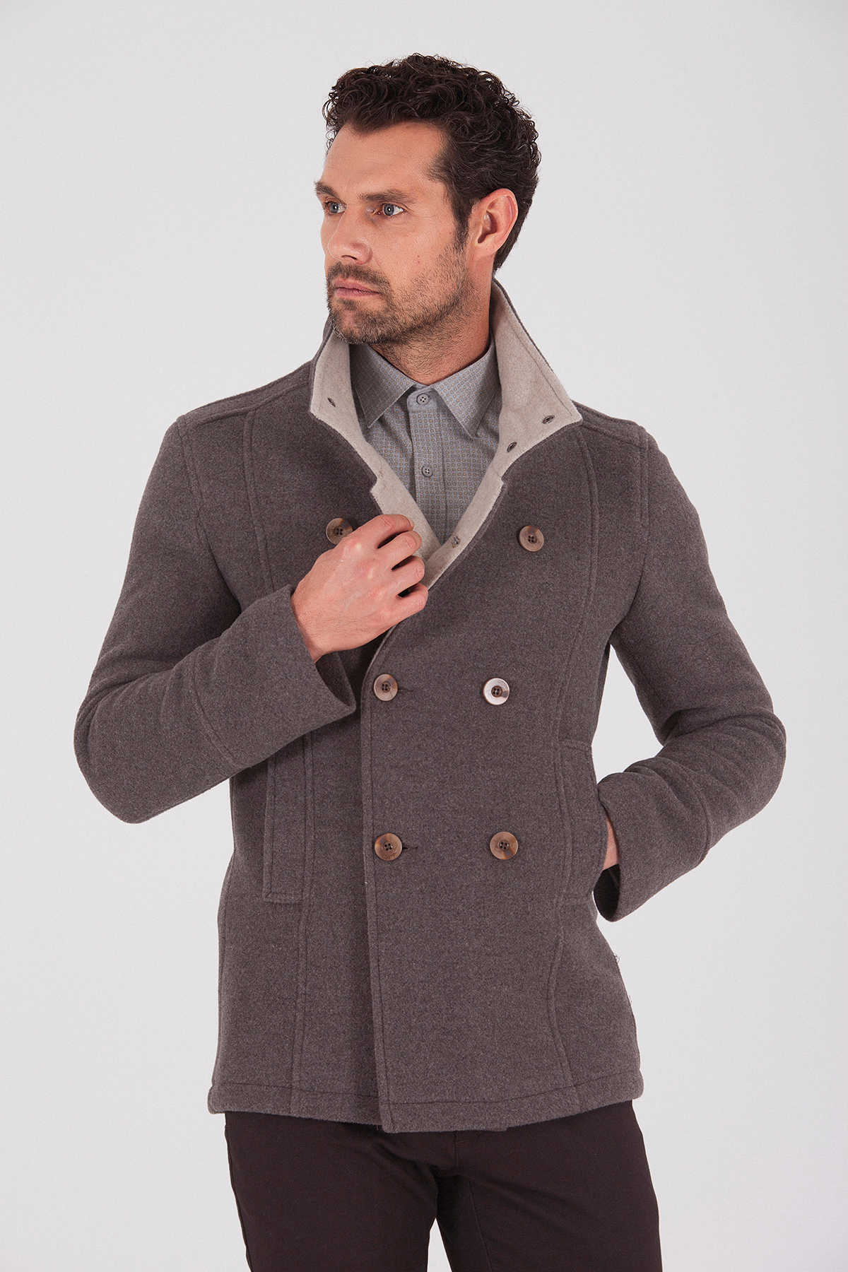 Slim Fit Notch Lapel JPTR Vegas Wool Light Brown Overcoat