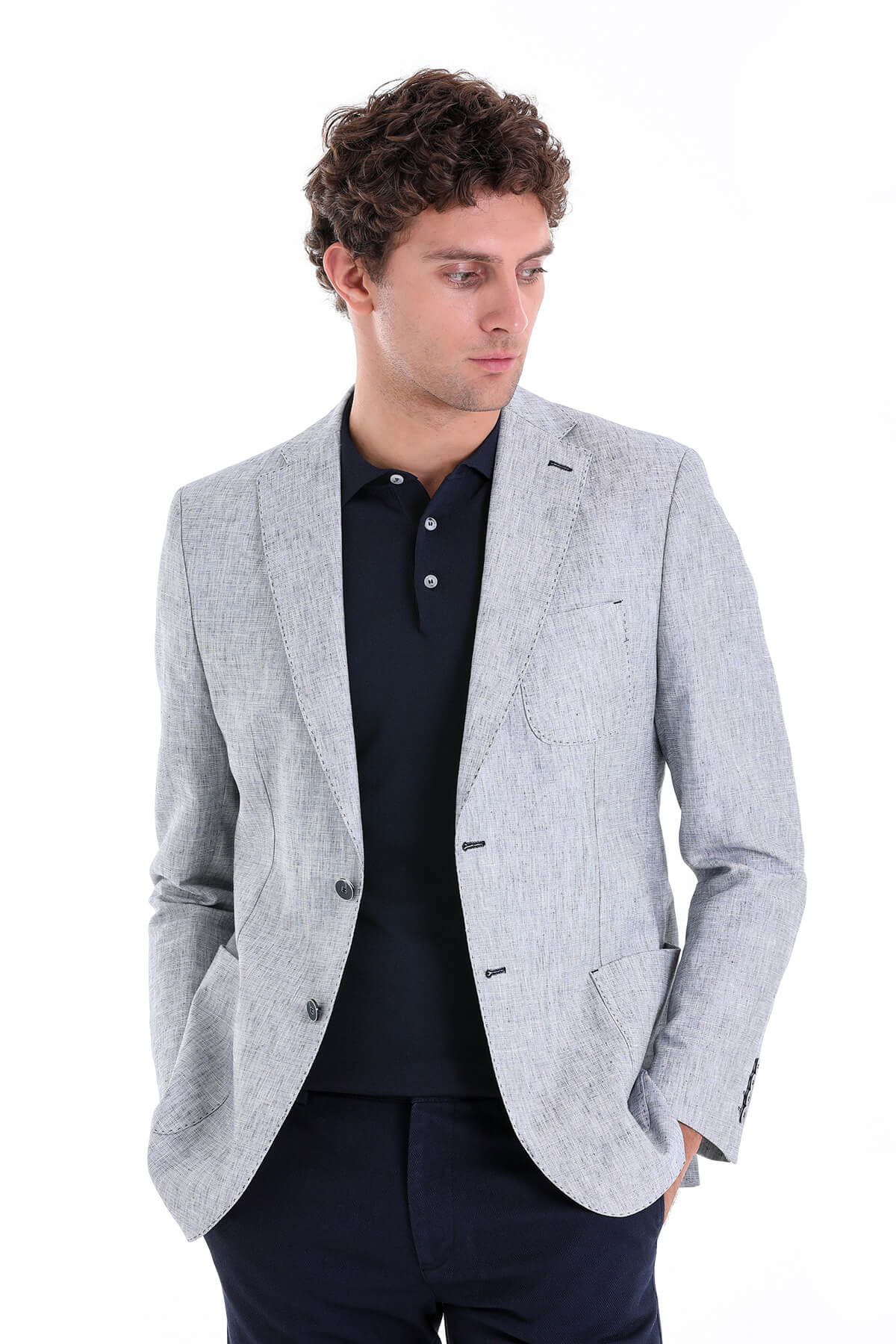 Slim Fit Notch Lapel Light Blue Linen Casual Blazer - SAYKI