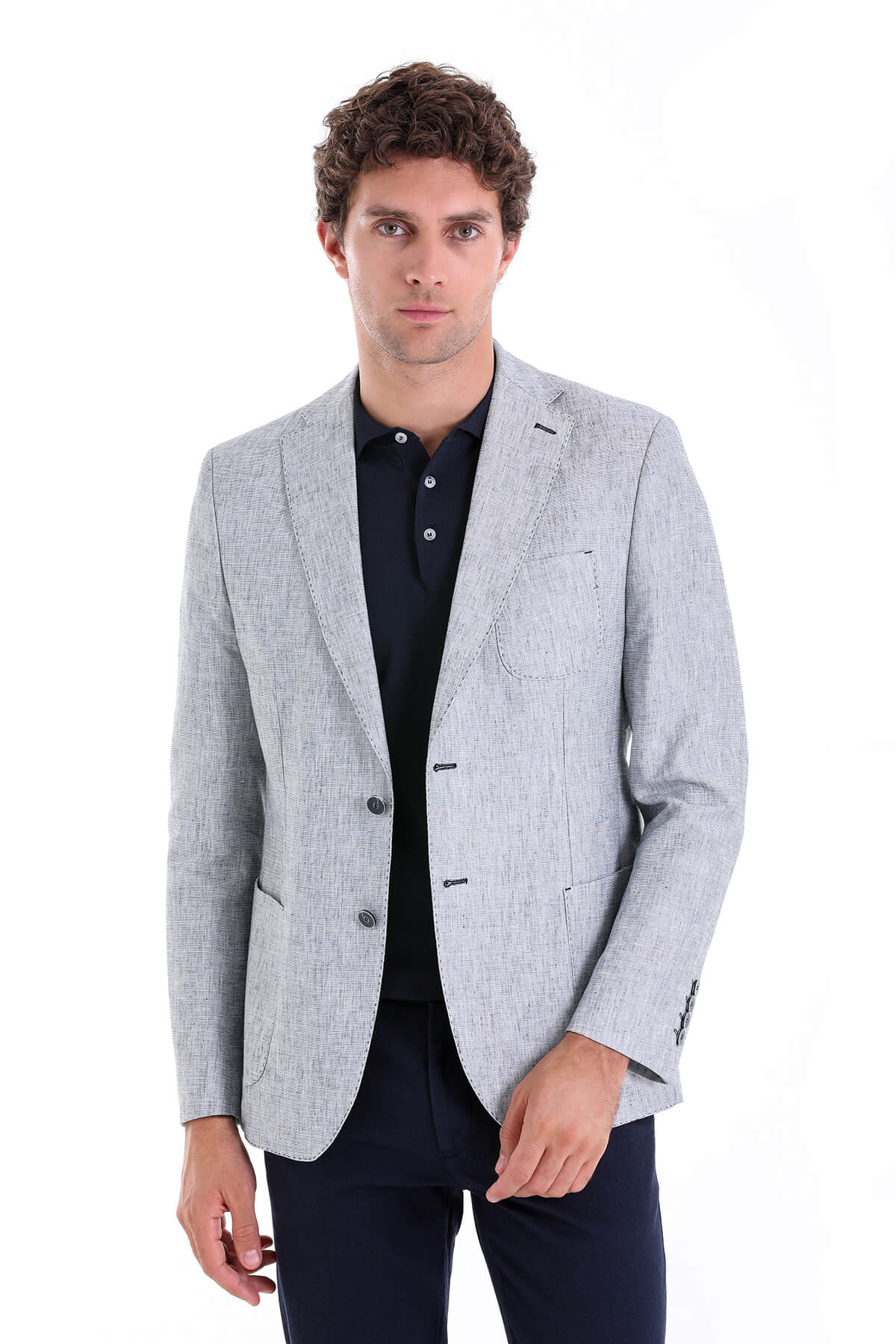 Slim Fit Notch Lapel Light Blue Linen Casual Blazer - SAYKI