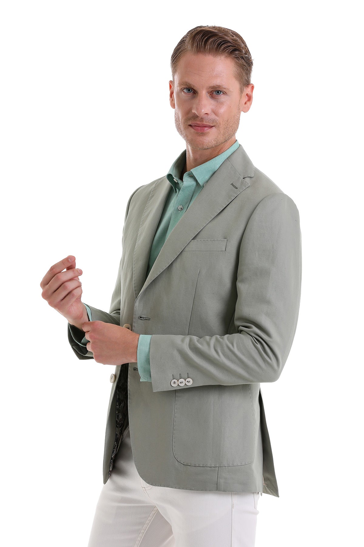 Slim Fit Notch Lapel Light Green Linen Casual Blazer - SAYKI