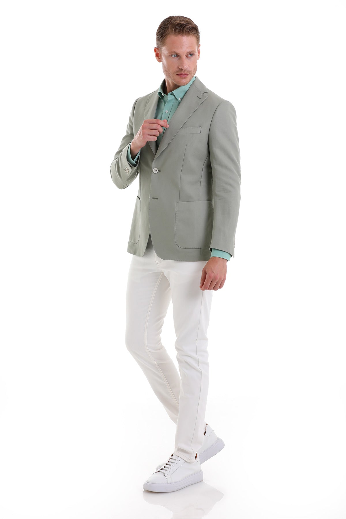 Slim Fit Notch Lapel Light Green Linen Casual Blazer - SAYKI