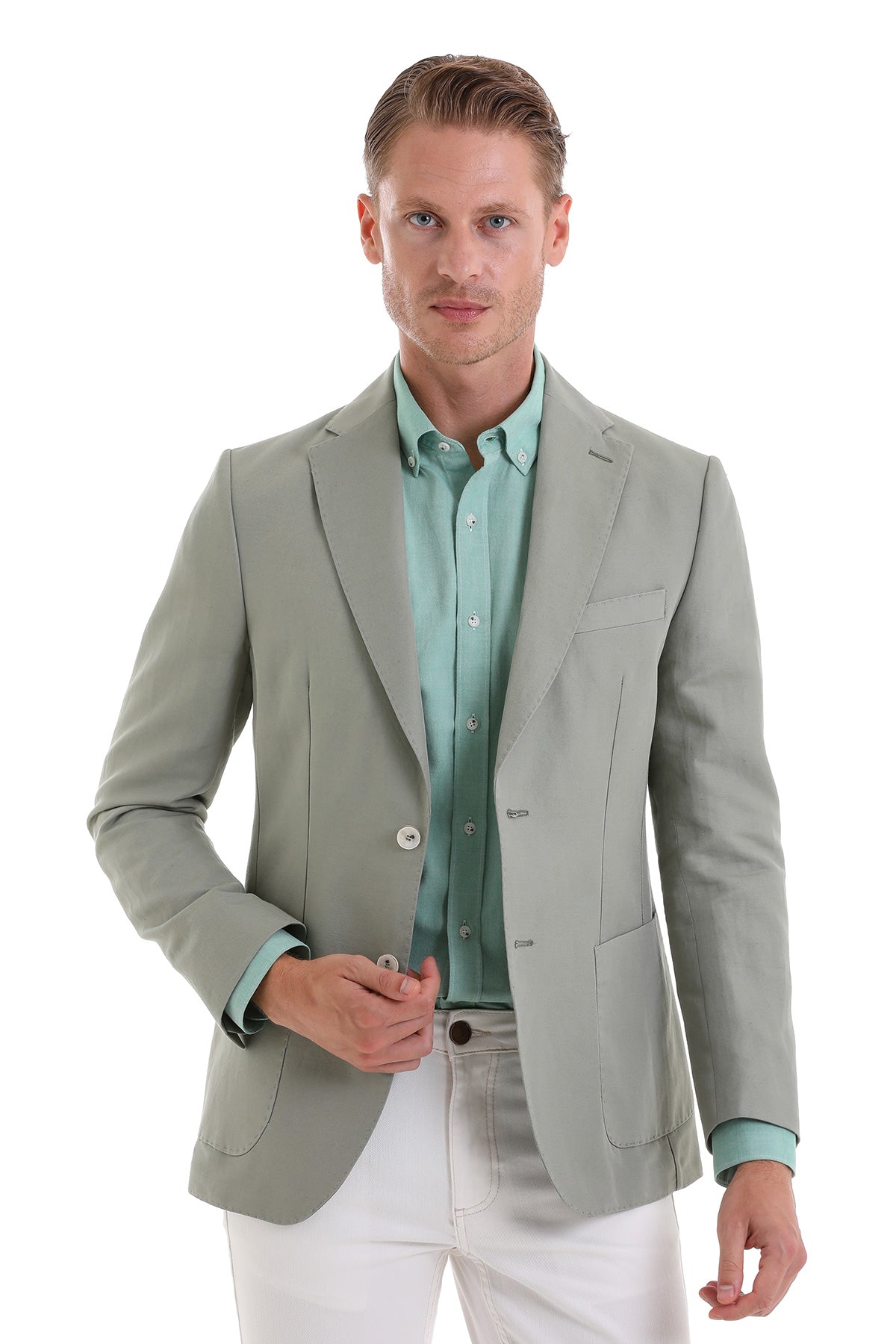 Slim Fit Notch Lapel Light Green Linen Casual Blazer - SAYKI