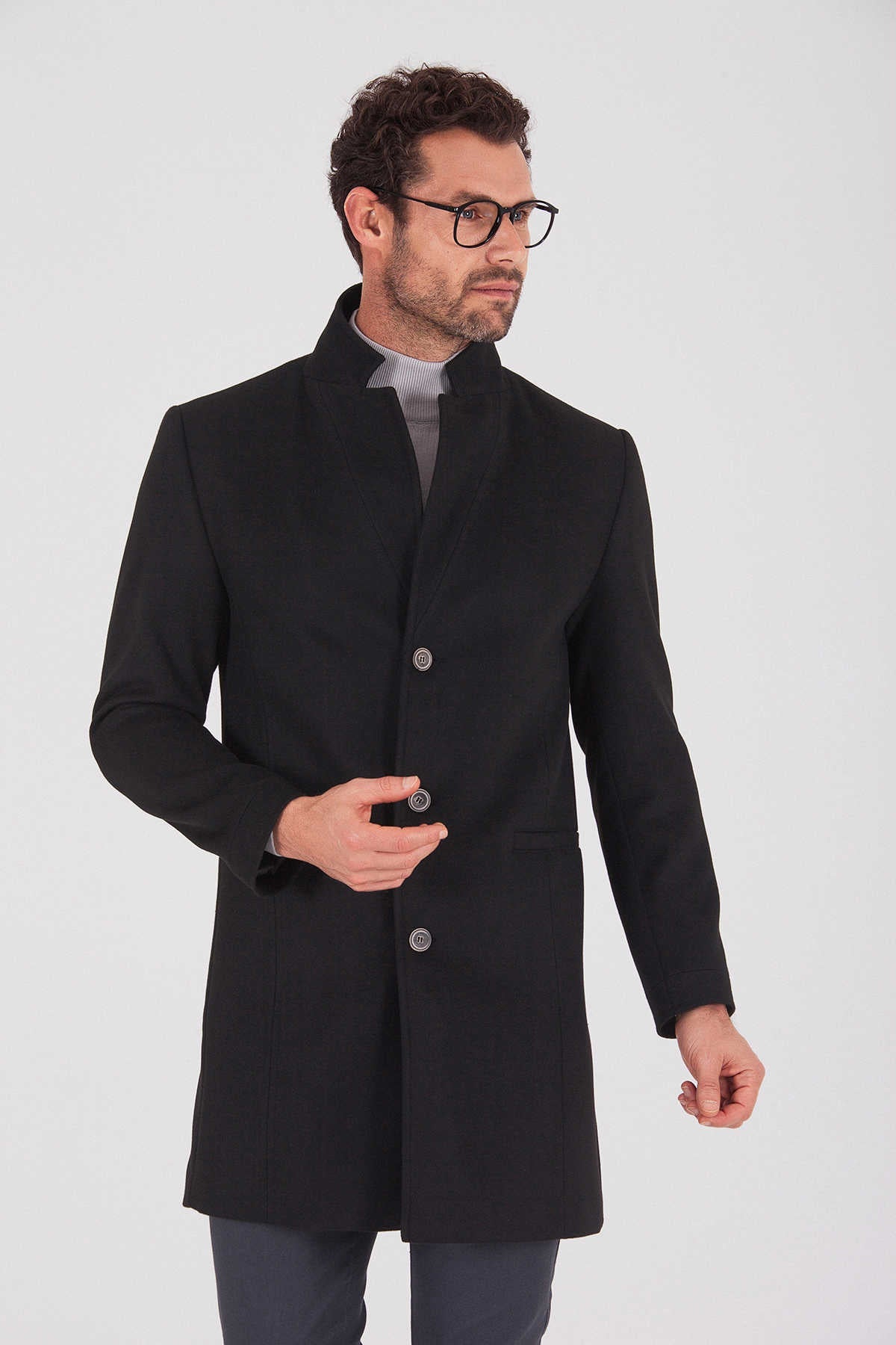 Slim Fit Notch Lapel Madrid Black Overcoat Black - MIB