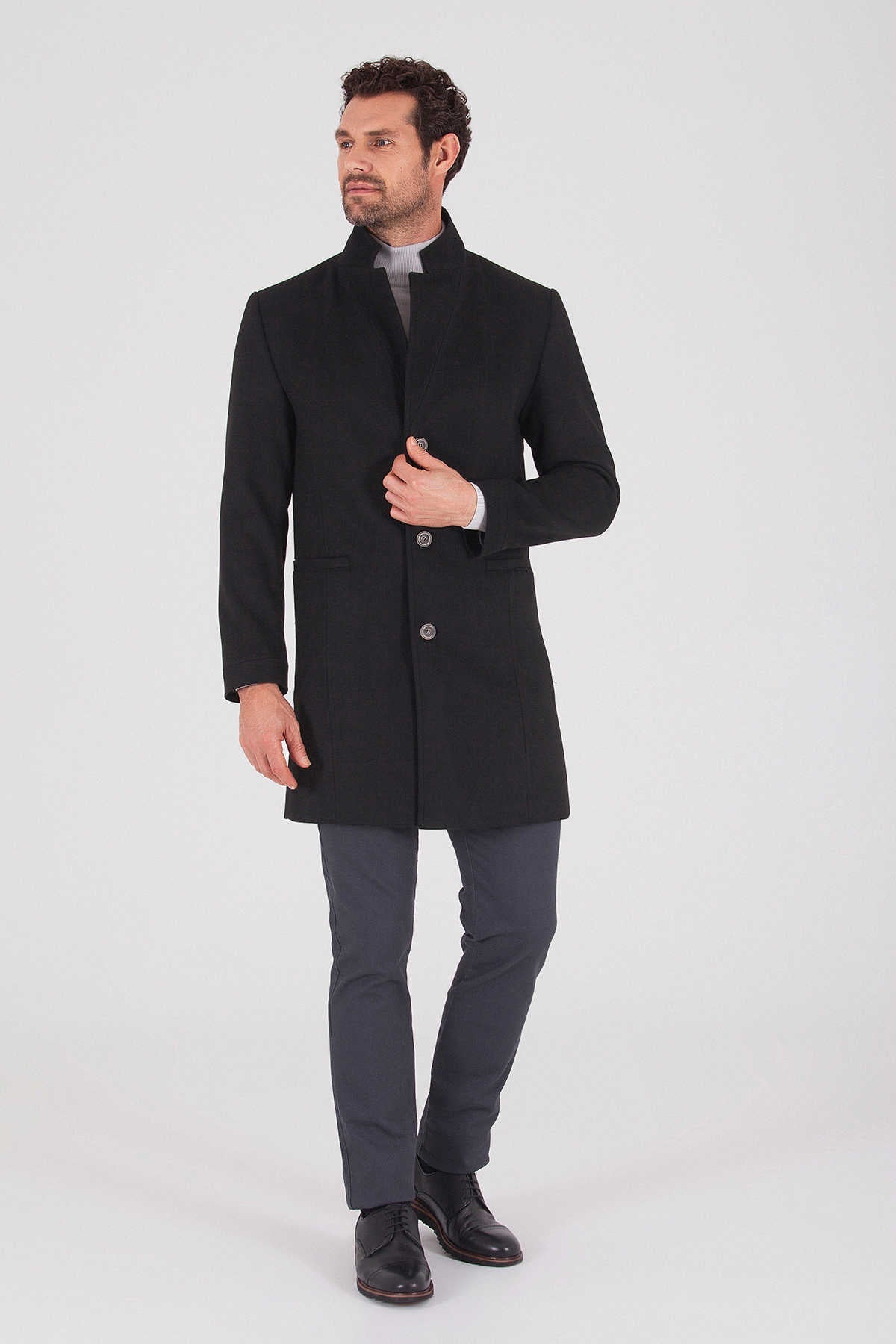 Slim Fit Notch Lapel Madrid Black Overcoat Black - MIB