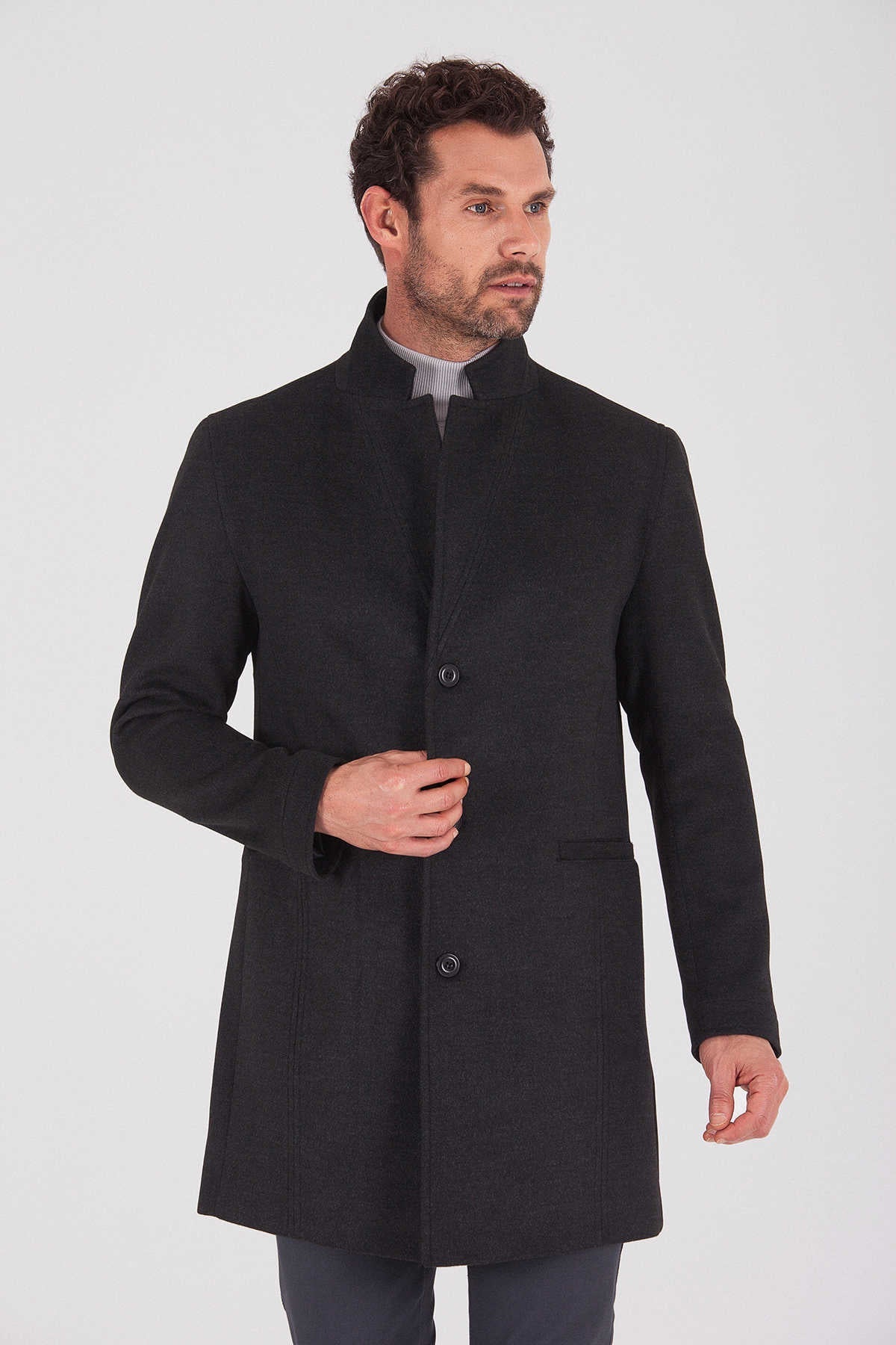 Slim Fit Notch Lapel Madrid Charcoal Overcoat Charcoal - MIB