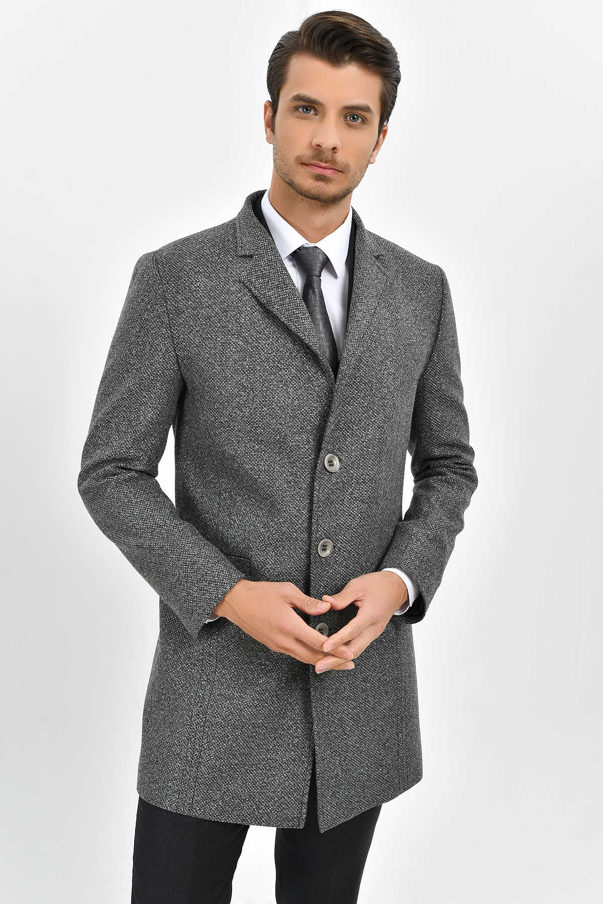 Slim Fit Notch Lapel Madrid Wool Light Gray Overcoat Light