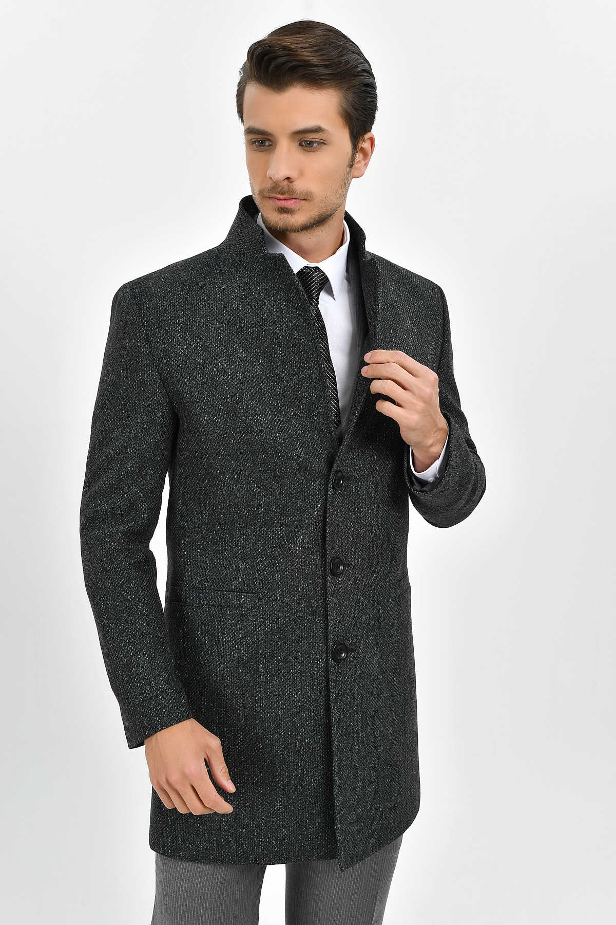 Slim Fit Notch Lapel Madrid Wool Light Gray Overcoat Gray