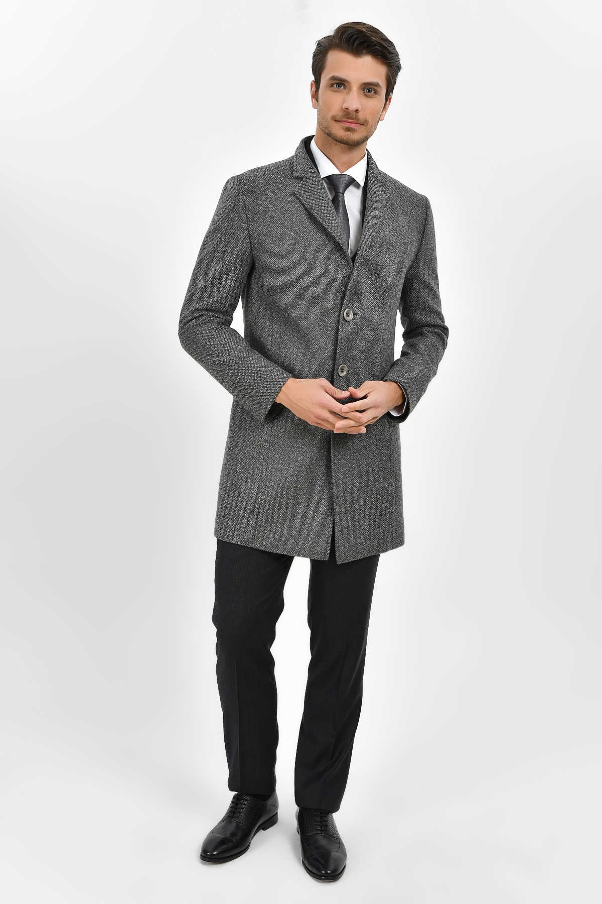 Slim Fit Notch Lapel Madrid Wool Light Gray Overcoat Light