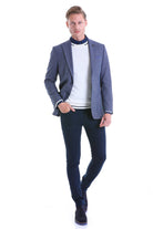 Slim Fit Notch Lapel Navy Houndstooth Casual Blazer - SAYKI