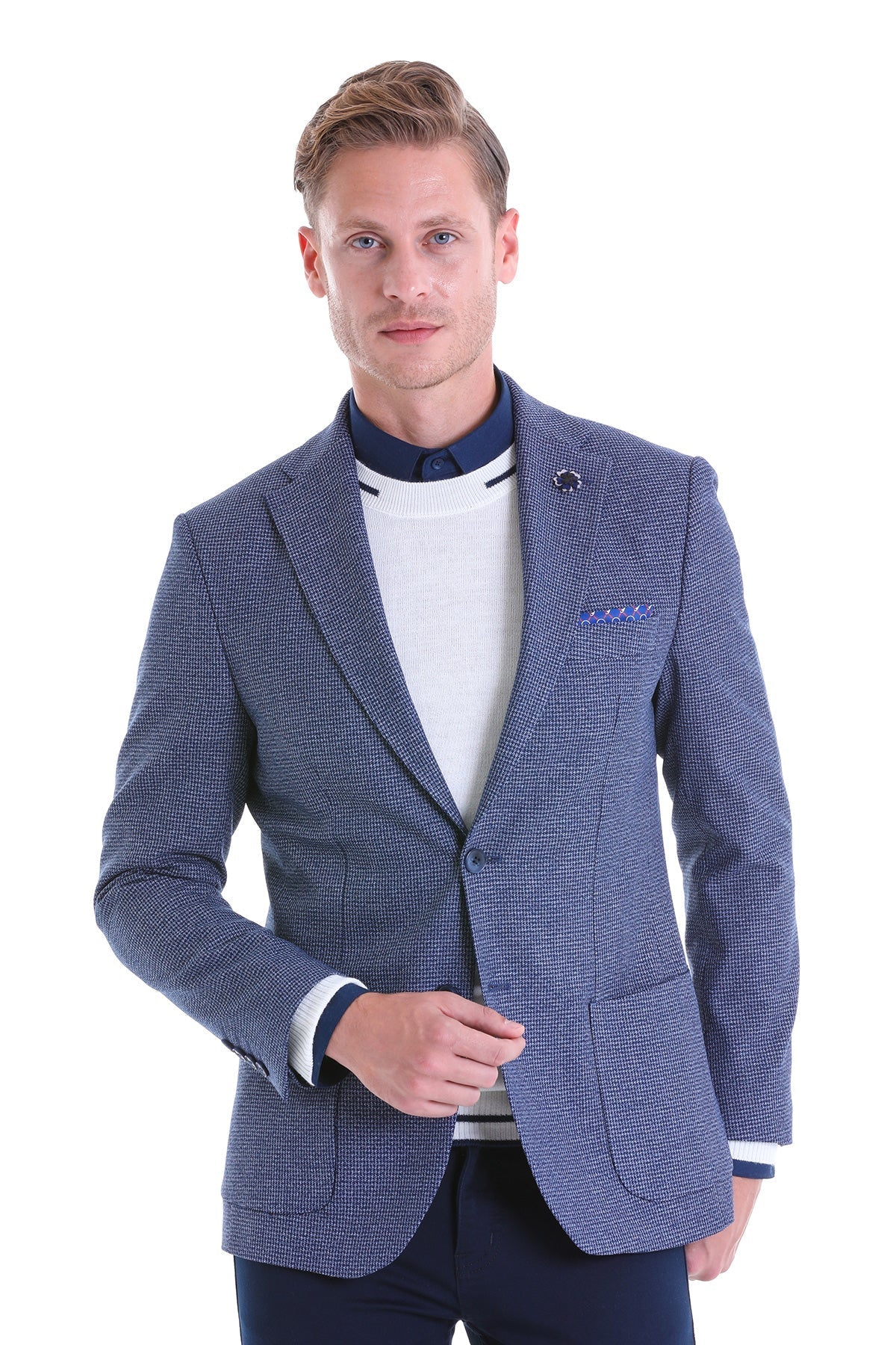 Slim Fit Notch Lapel Navy Houndstooth Casual Blazer - SAYKI