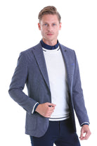 Slim Fit Notch Lapel Navy Houndstooth Casual Blazer - SAYKI