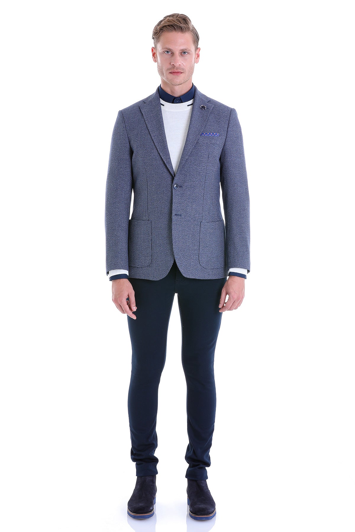 Slim Fit Notch Lapel Navy Houndstooth Casual Blazer - SAYKI