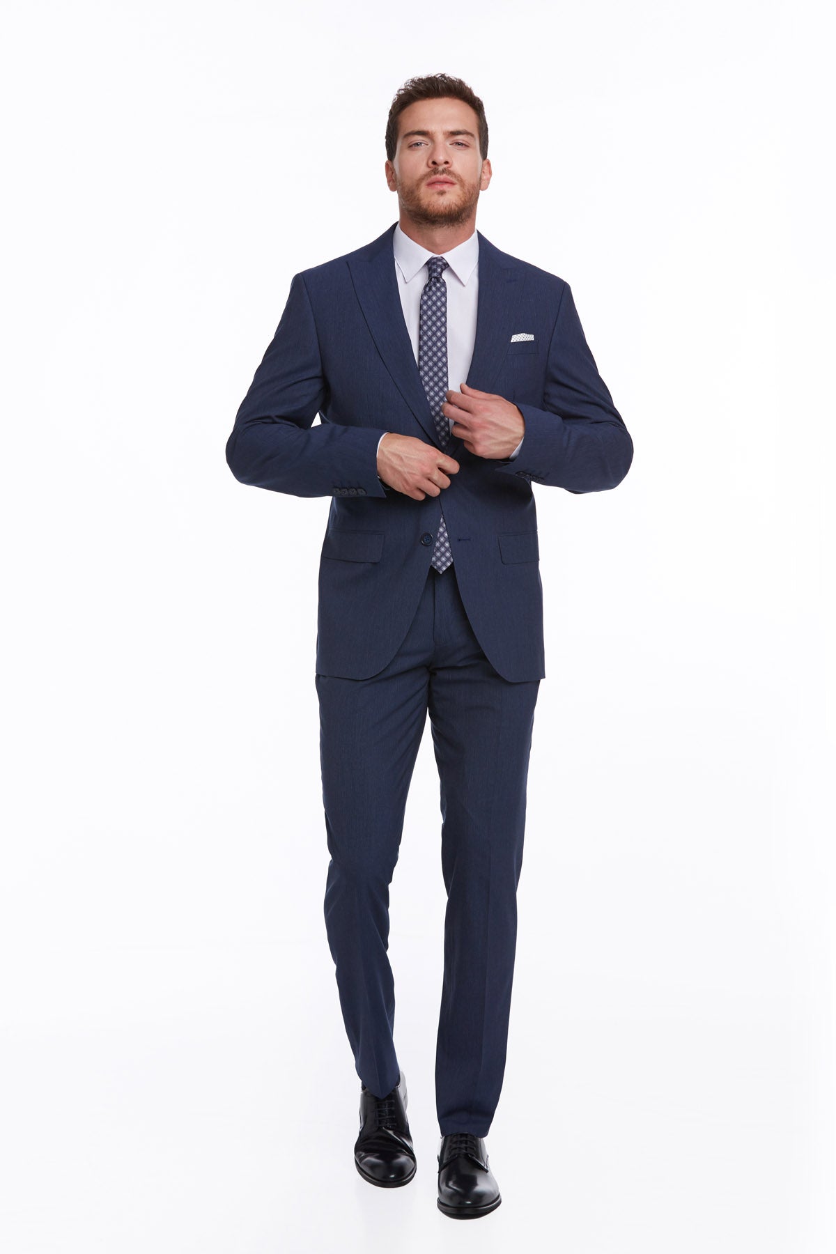 Slim Fit Notch Lapel Navy Striped Classic Suit - MIB