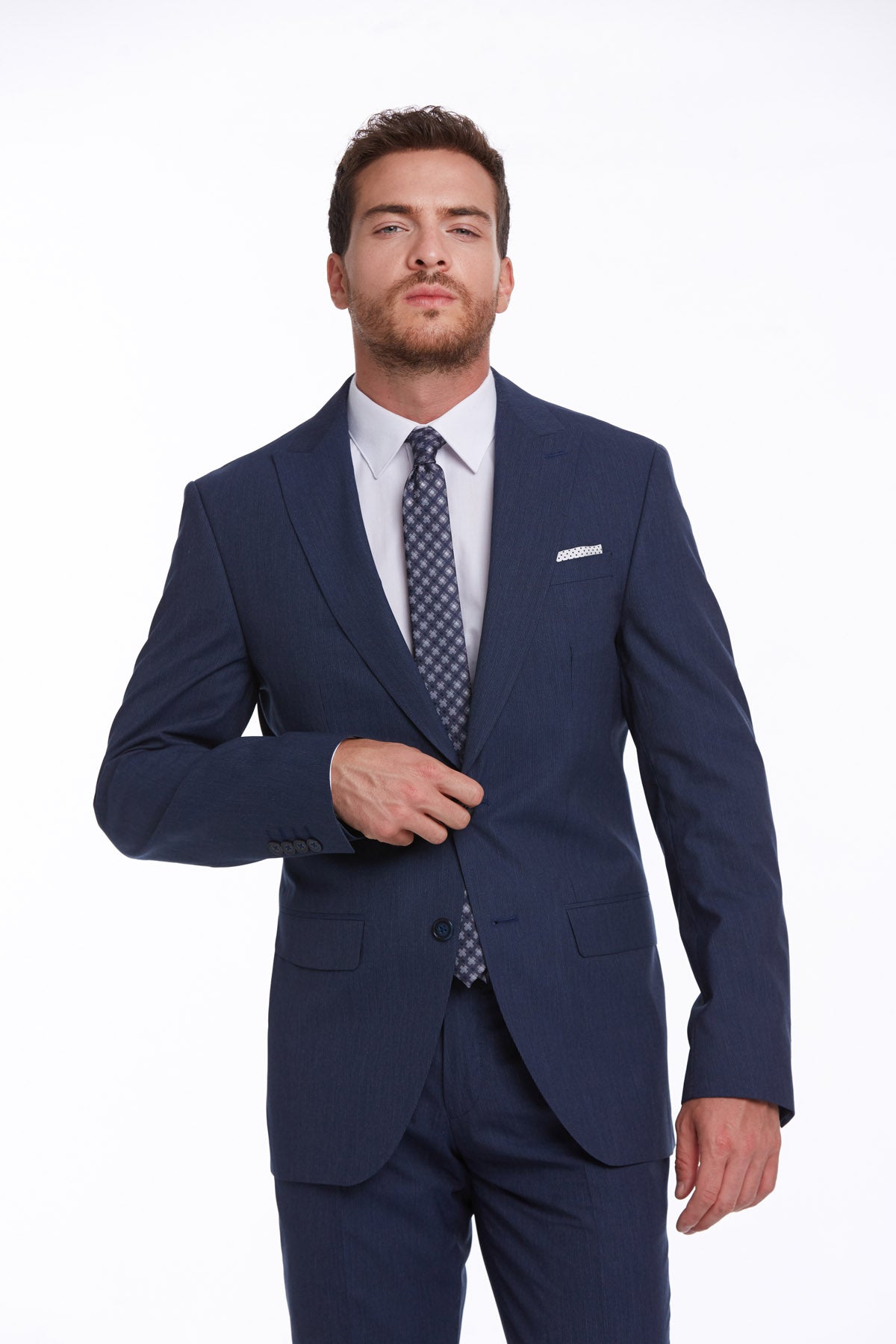 Slim Fit Notch Lapel Navy Striped Classic Suit - MIB