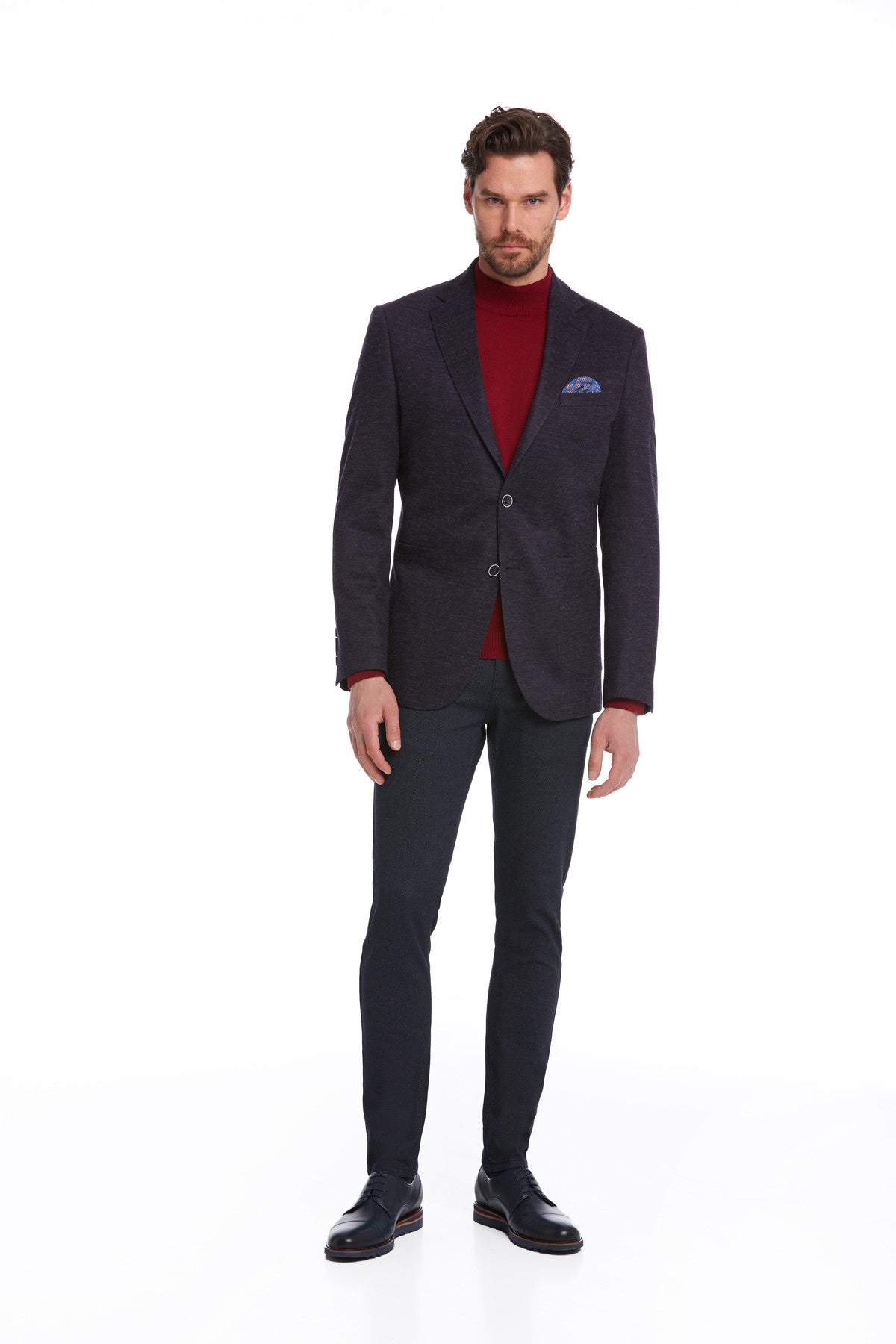 Slim Fit Notch Lapel Navy Wool Blend Casual Blazer - SAYKI