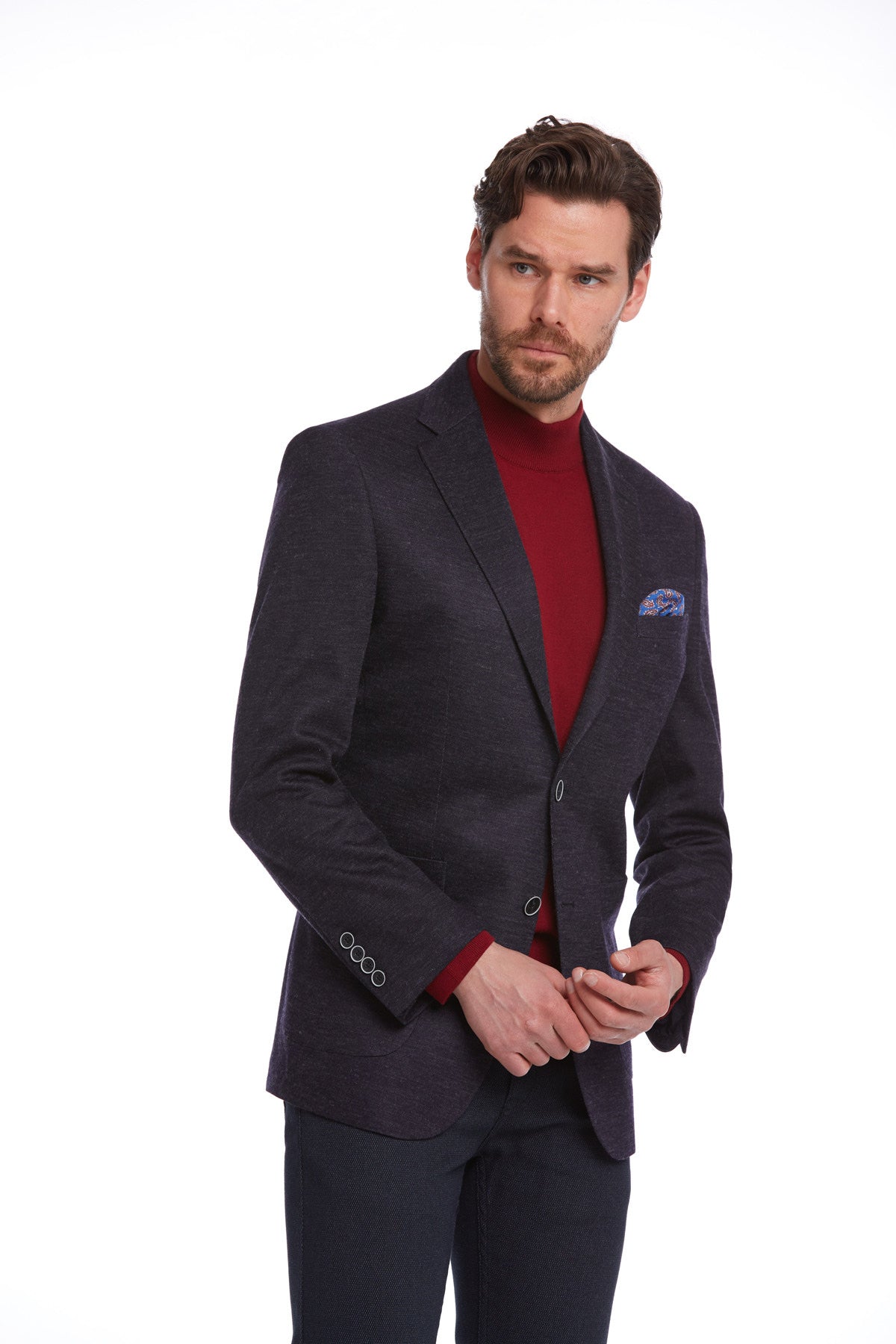 Slim Fit Notch Lapel Navy Wool Blend Casual Blazer - SAYKI