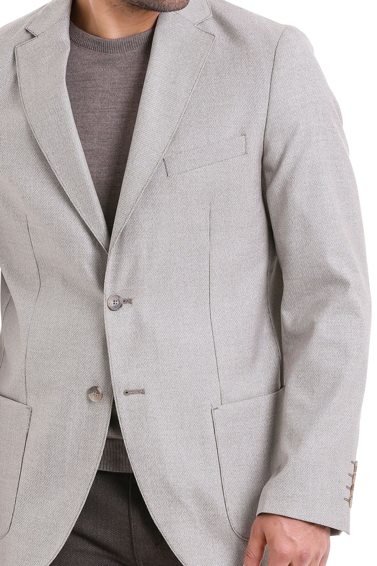 Slim Fit Notch Lapel Patterned Beige Casual Blazer - SAYKI