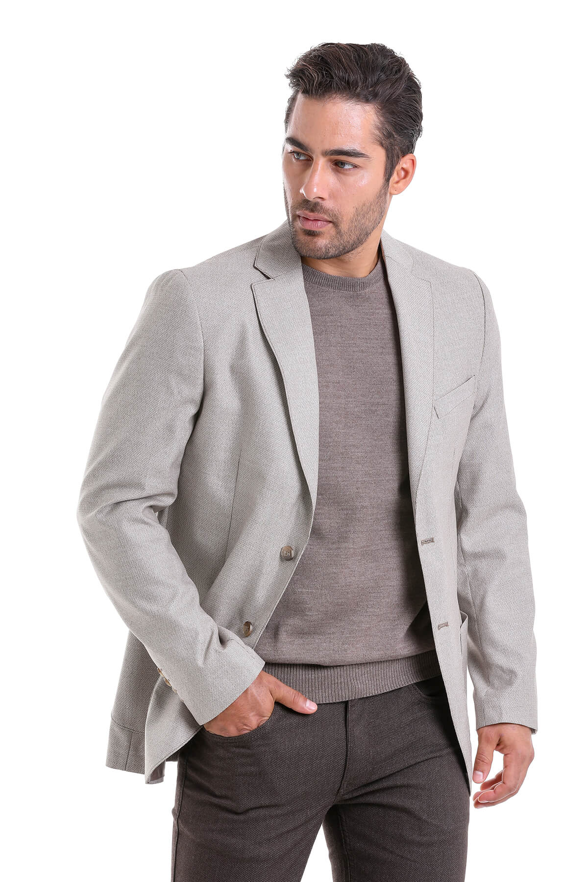 Slim Fit Notch Lapel Patterned Beige Casual Blazer - SAYKI