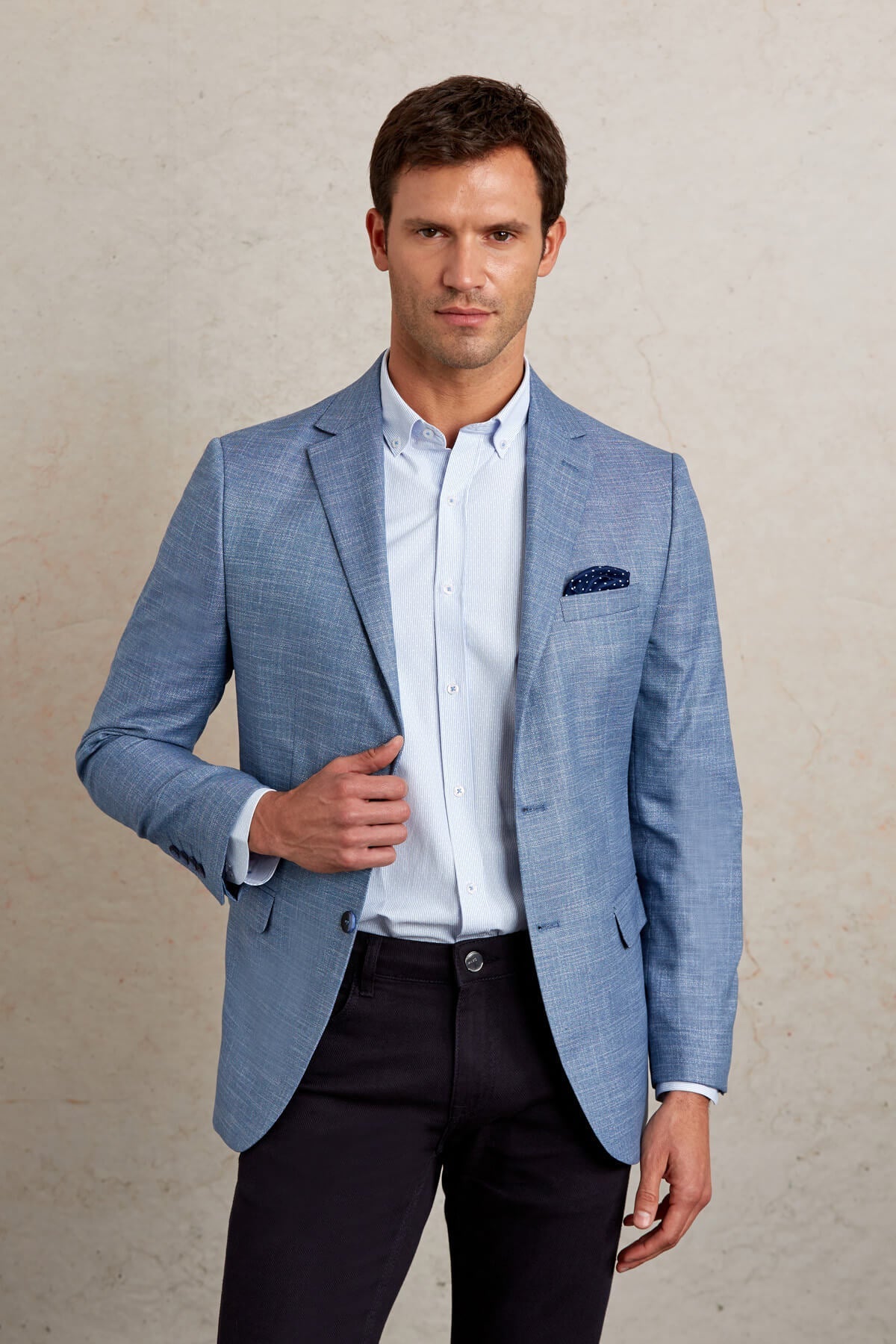 Slim Fit Notch Lapel Patterned Beige Casual Blazer Blue D.