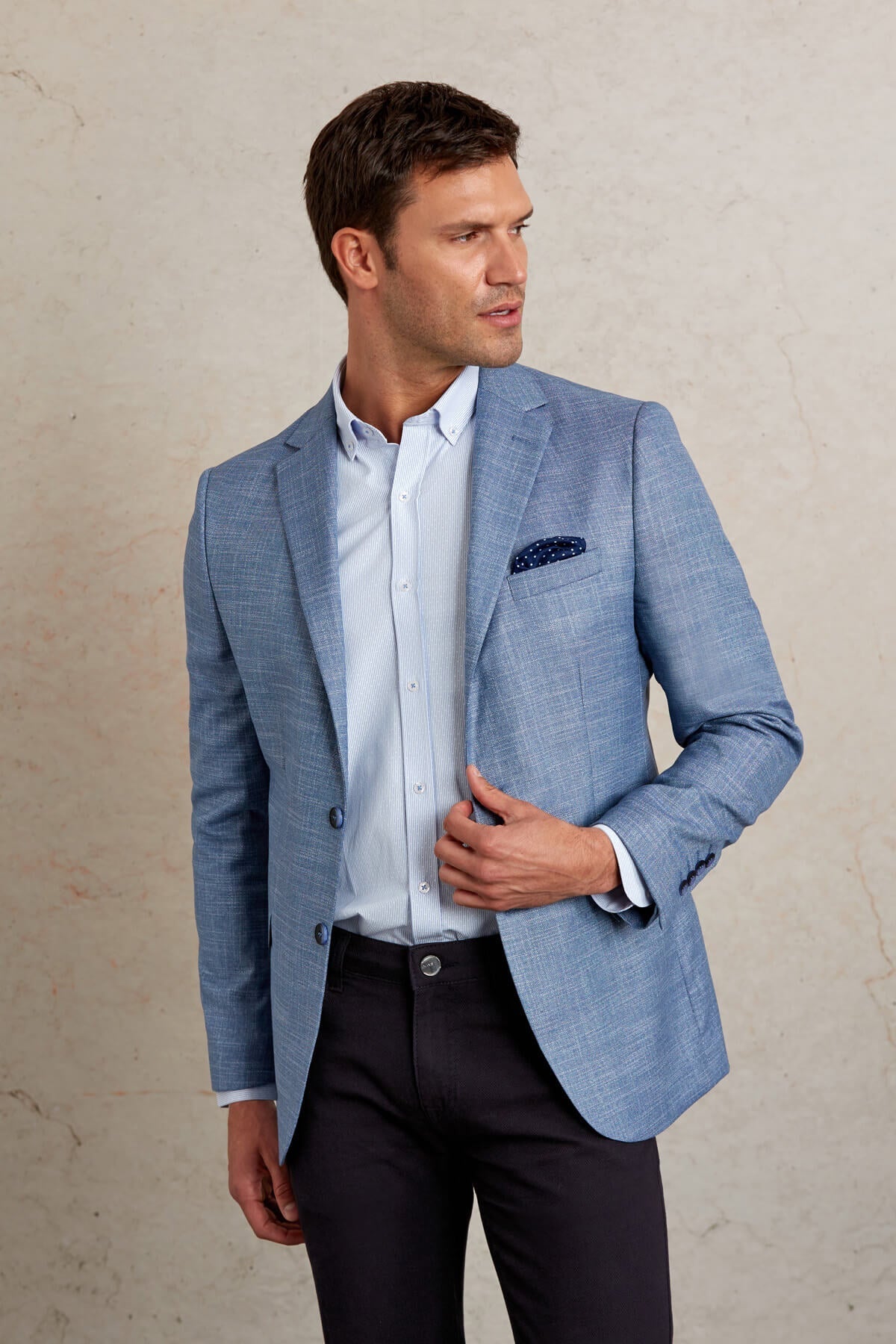 Slim Fit Notch Lapel Patterned Beige Casual Blazer Blue D.