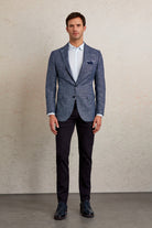 Slim Fit Notch Lapel Patterned Beige Casual Blazer Navy D.