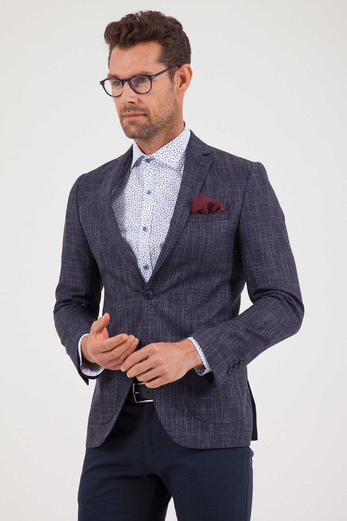 Slim Fit Notch Lapel Patterned Burgundy Casual Blazer Navy