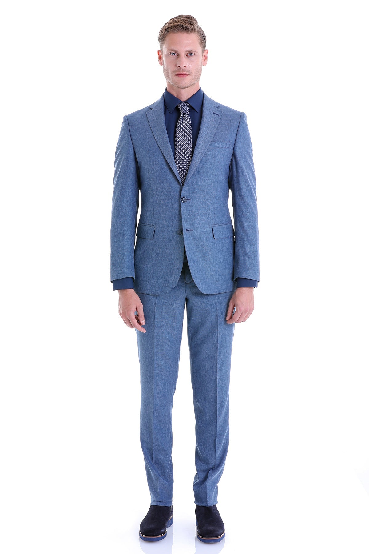 Slim Fit Notch Lapel Patterned Classic Suit Light Navy D.