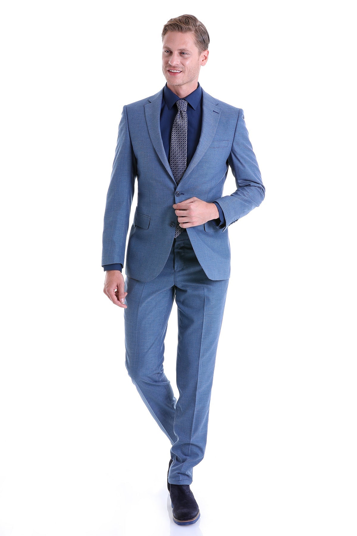 Slim Fit Notch Lapel Patterned Classic Suit Light Navy D.