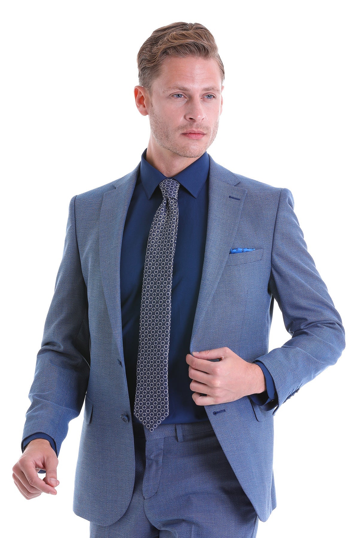 Slim Fit Notch Lapel Patterned Classic Suit Light Navy D.