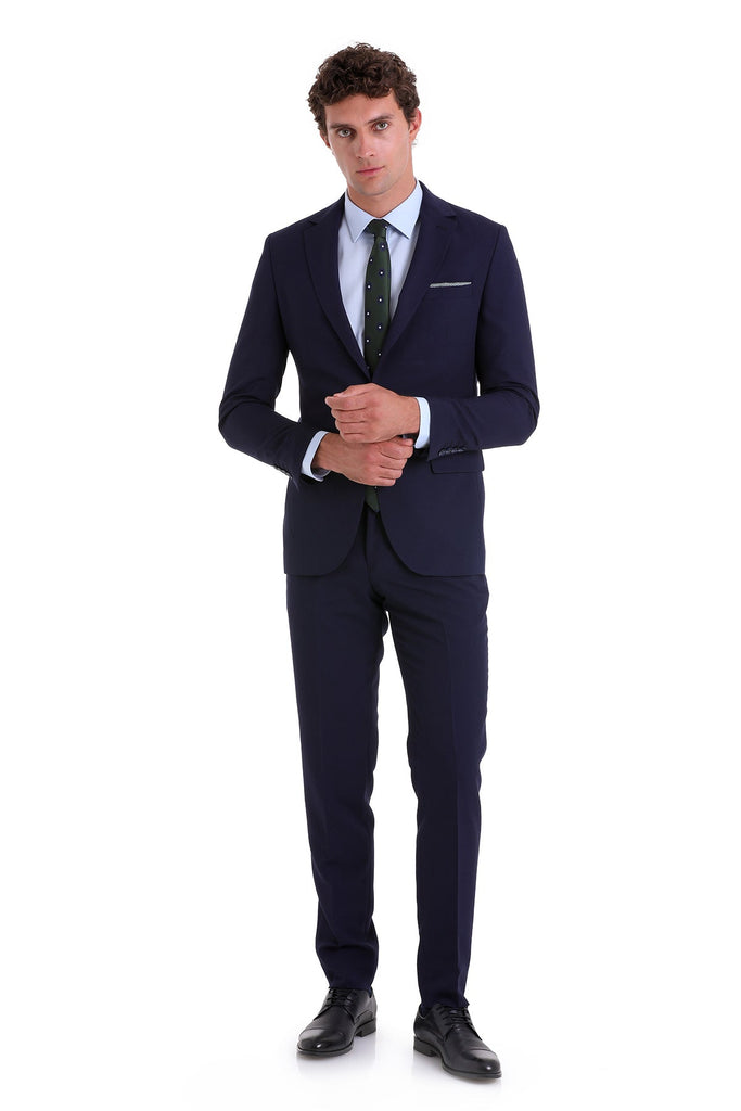 Slim Fit Notch Lapel Patterned Classic Suit Navy D. - MIB