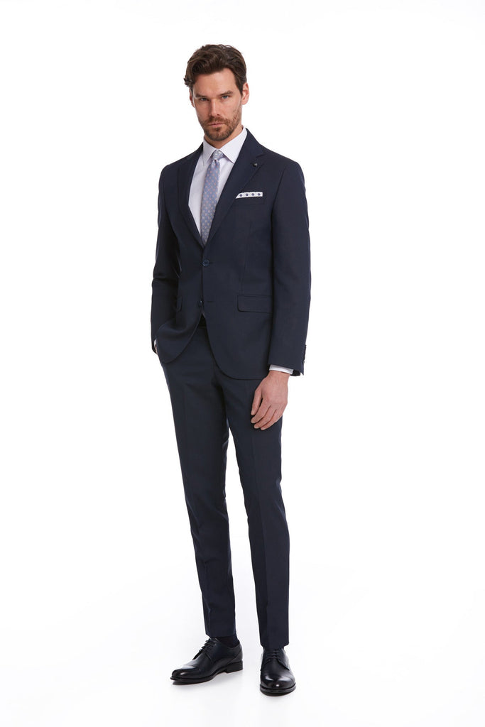 Slim Fit Notch Lapel Patterned Classic Suit Navy D. - MIB