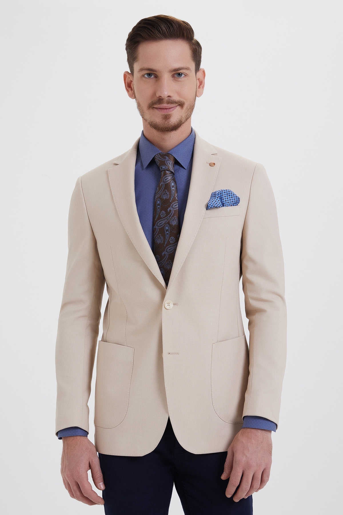 Slim Fit Notch Lapel Patterned Cotton Blend Ice Blue