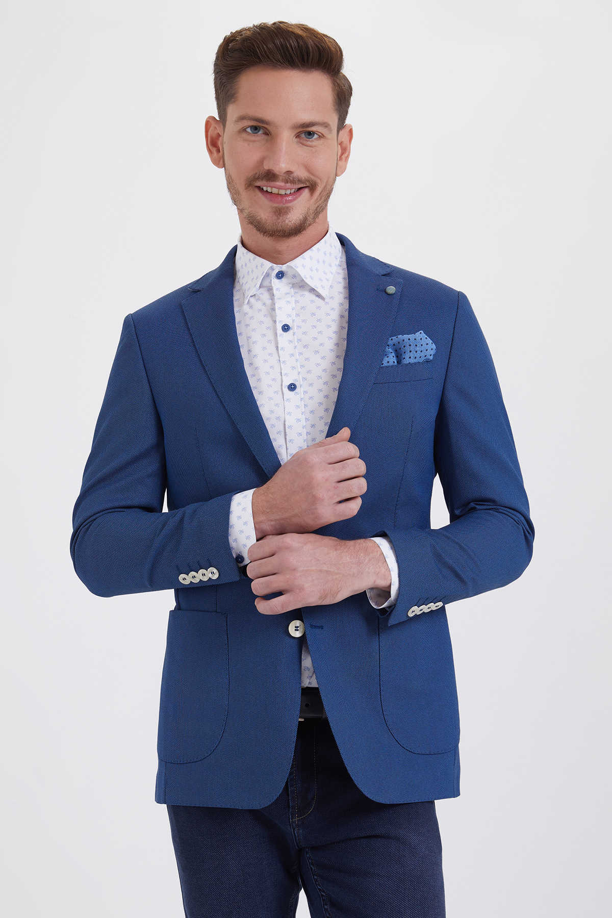 Slim Fit Notch Lapel Patterned Cotton Blend Ice Blue