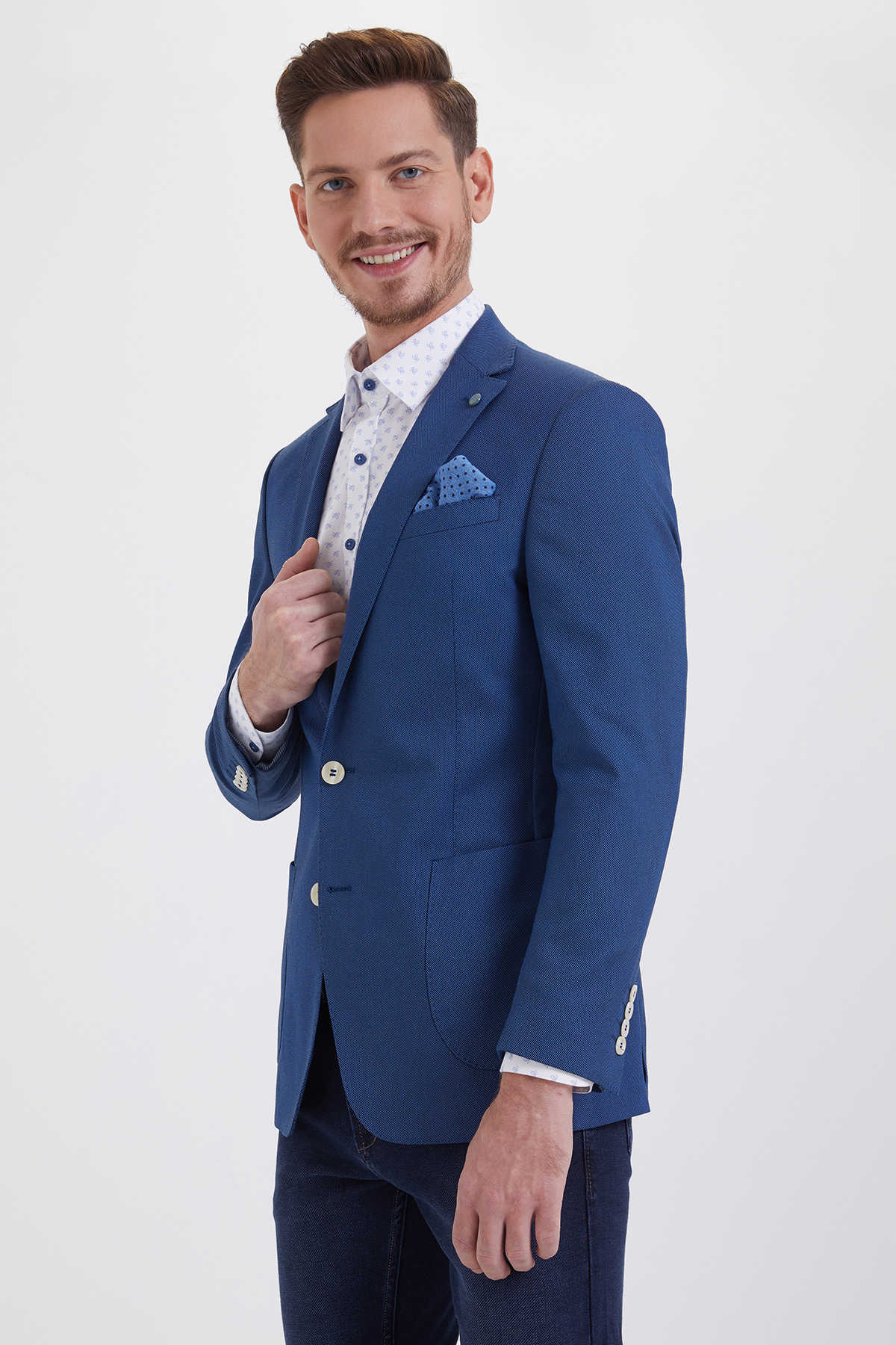 Slim Fit Notch Lapel Patterned Cotton Blend Ice Blue