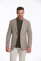 Slim Fit Notch Lapel Patterned Cotton Blend Khaki Classic