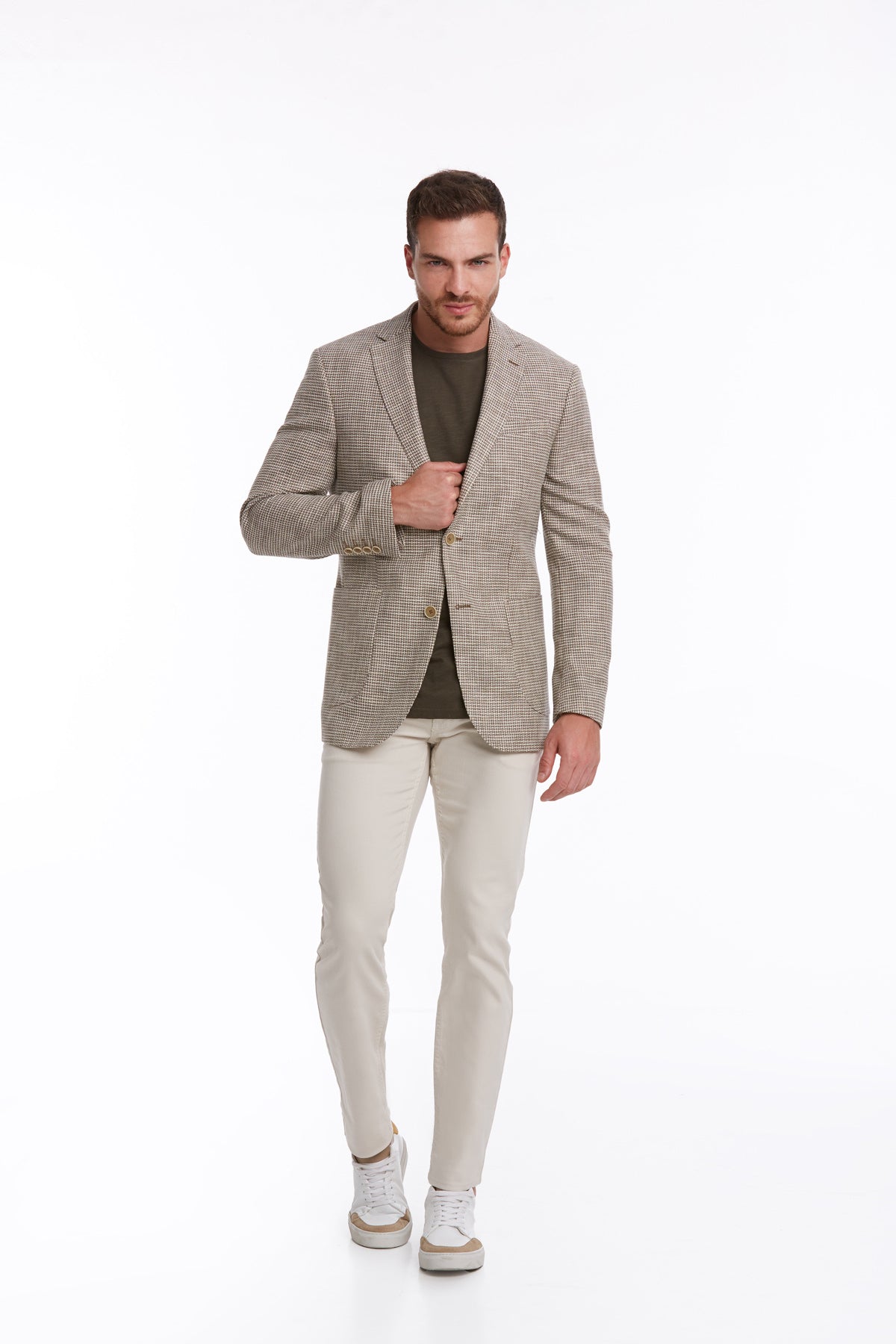 Slim Fit Notch Lapel Patterned Cotton Blend Khaki Classic