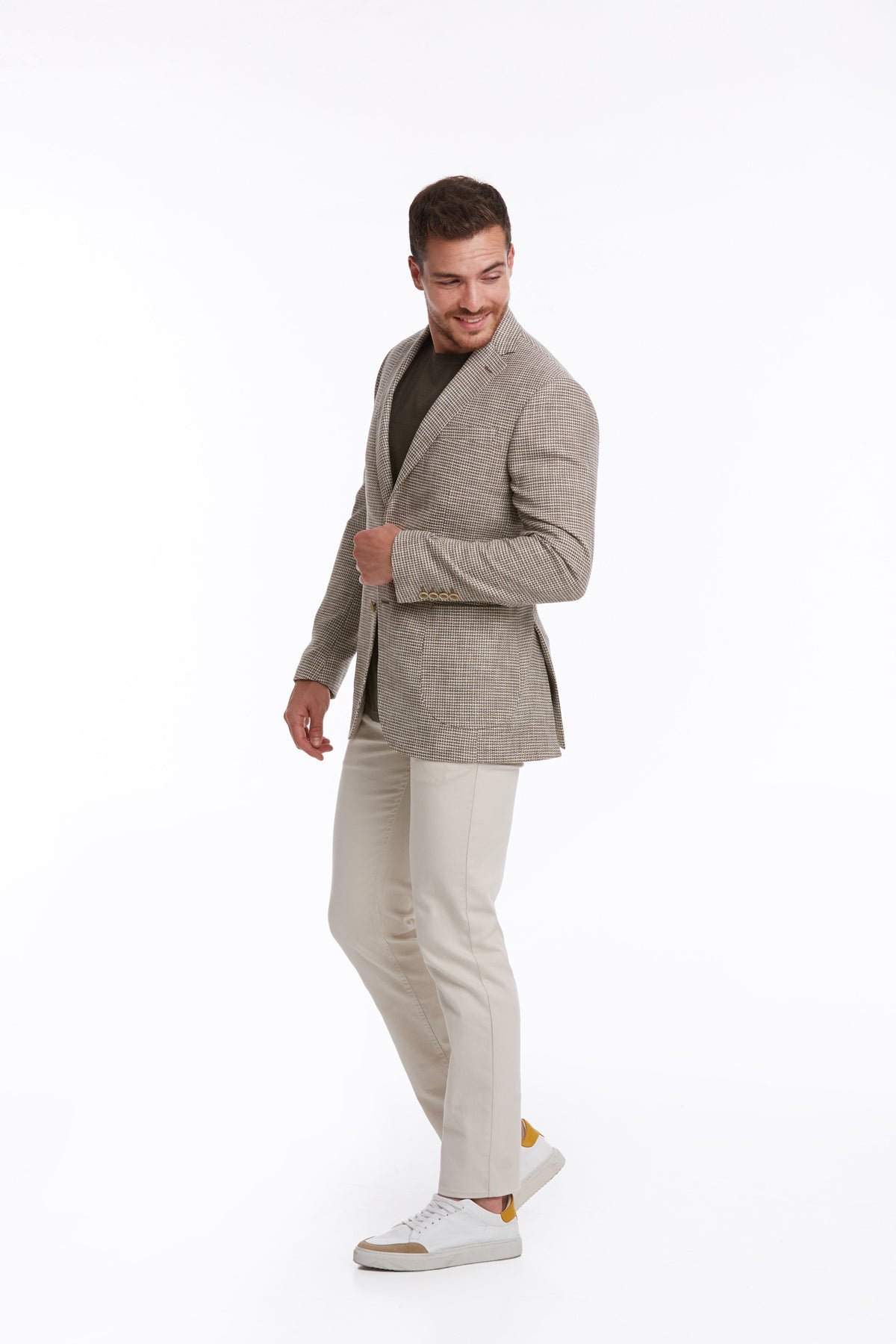 Slim Fit Notch Lapel Patterned Cotton Blend Khaki Classic