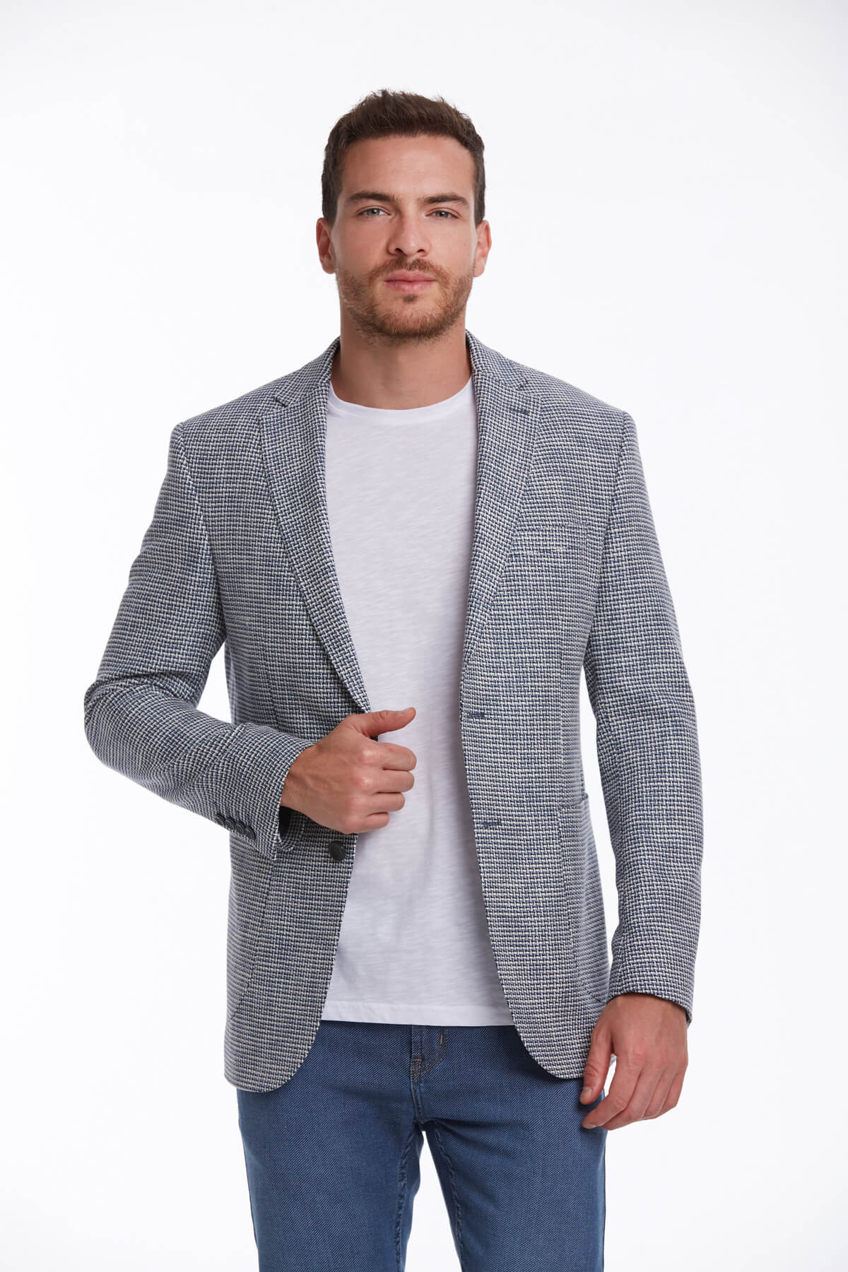 Slim Fit Notch Lapel Patterned Cotton Blend Khaki Classic