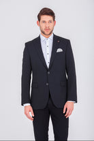 Slim Fit Notch Lapel Patterned Wool Blend Black Classic