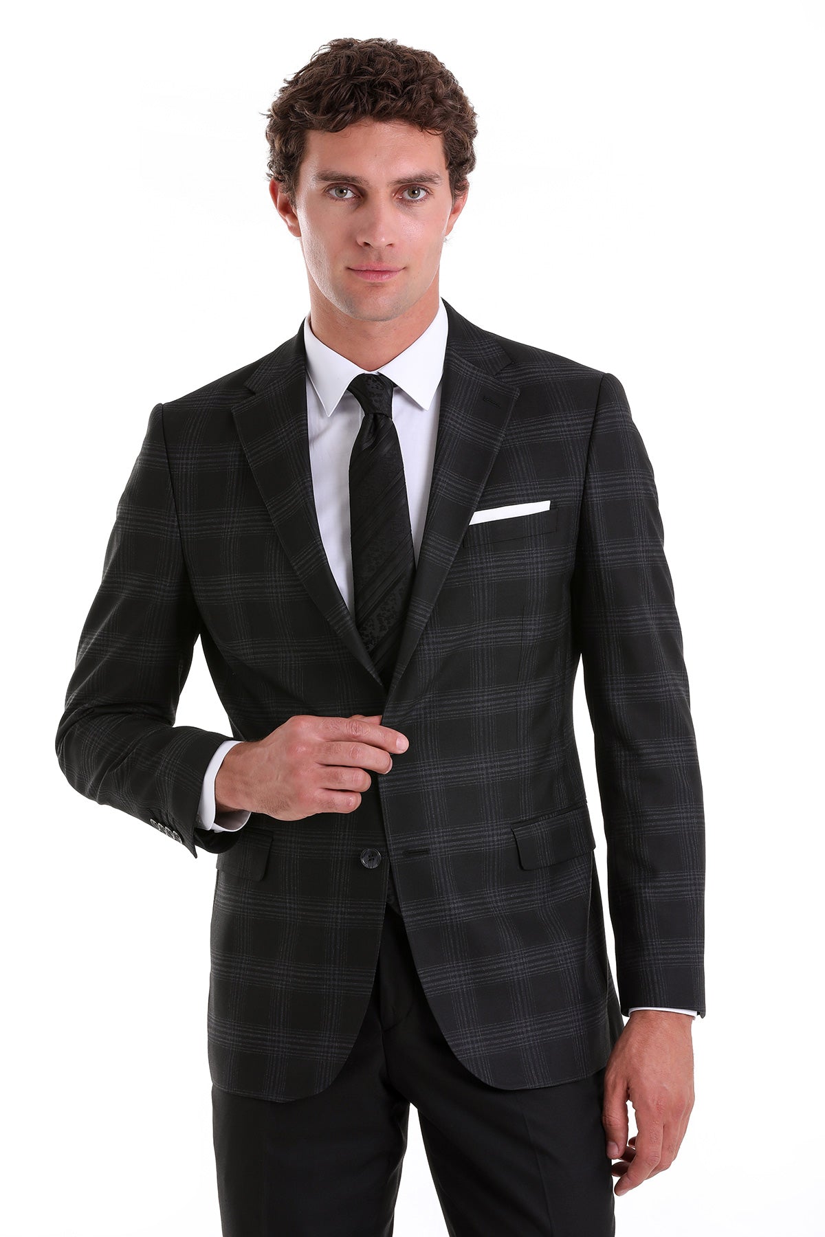 Slim Fit Notch Lapel Plaid Black Casual Suit - MIB