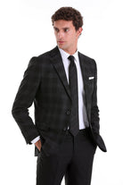 Slim Fit Notch Lapel Plaid Black Casual Suit - MIB