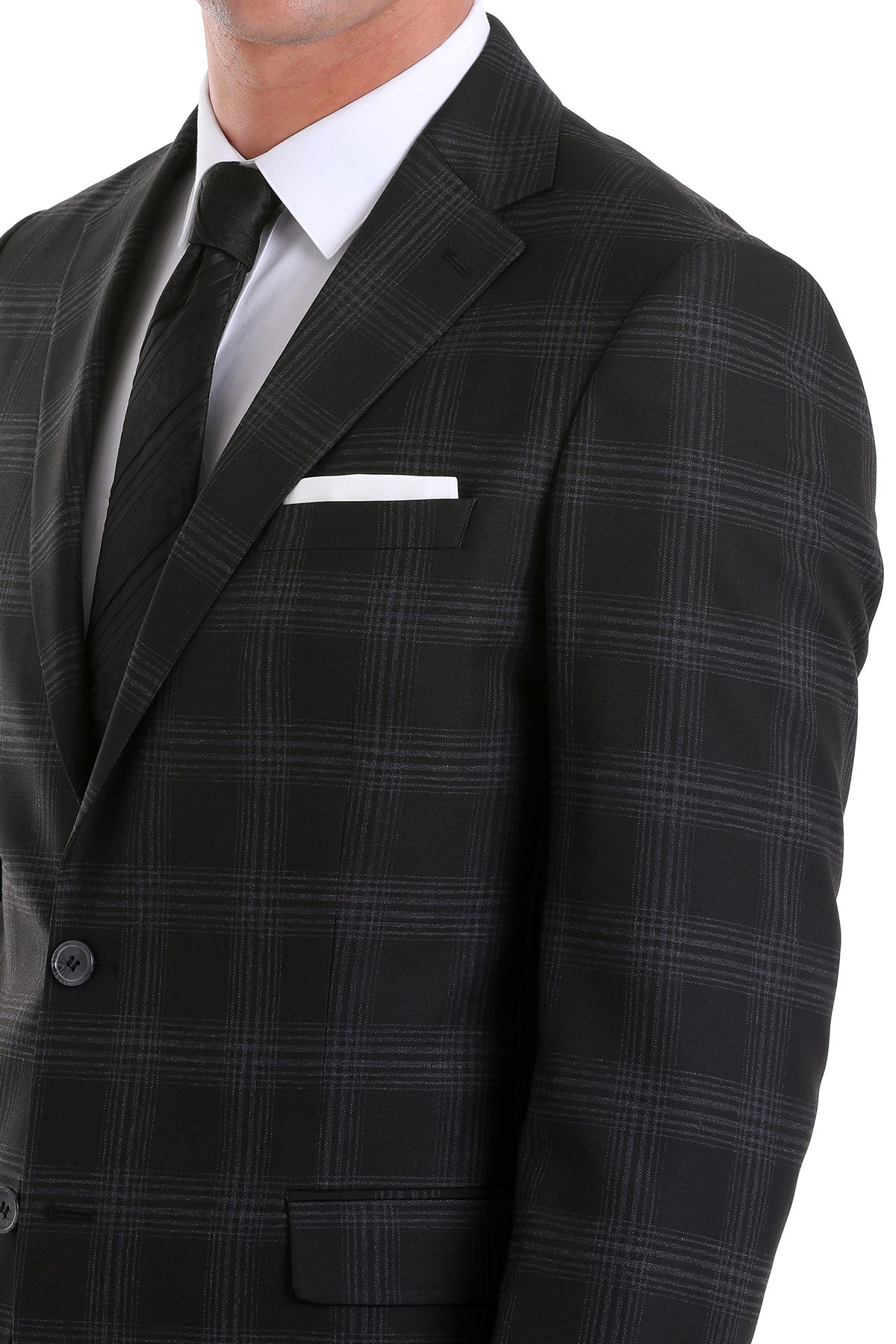 Slim Fit Notch Lapel Plaid Black Casual Suit - MIB