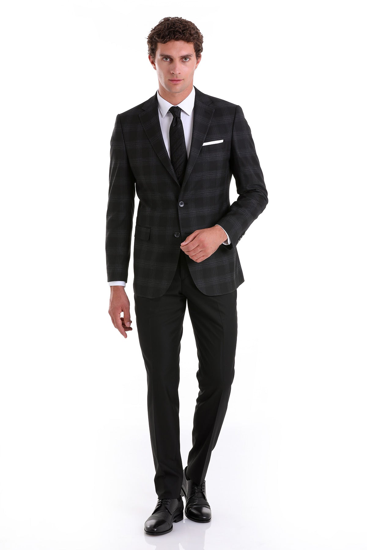 Slim Fit Notch Lapel Plaid Black Casual Suit - MIB