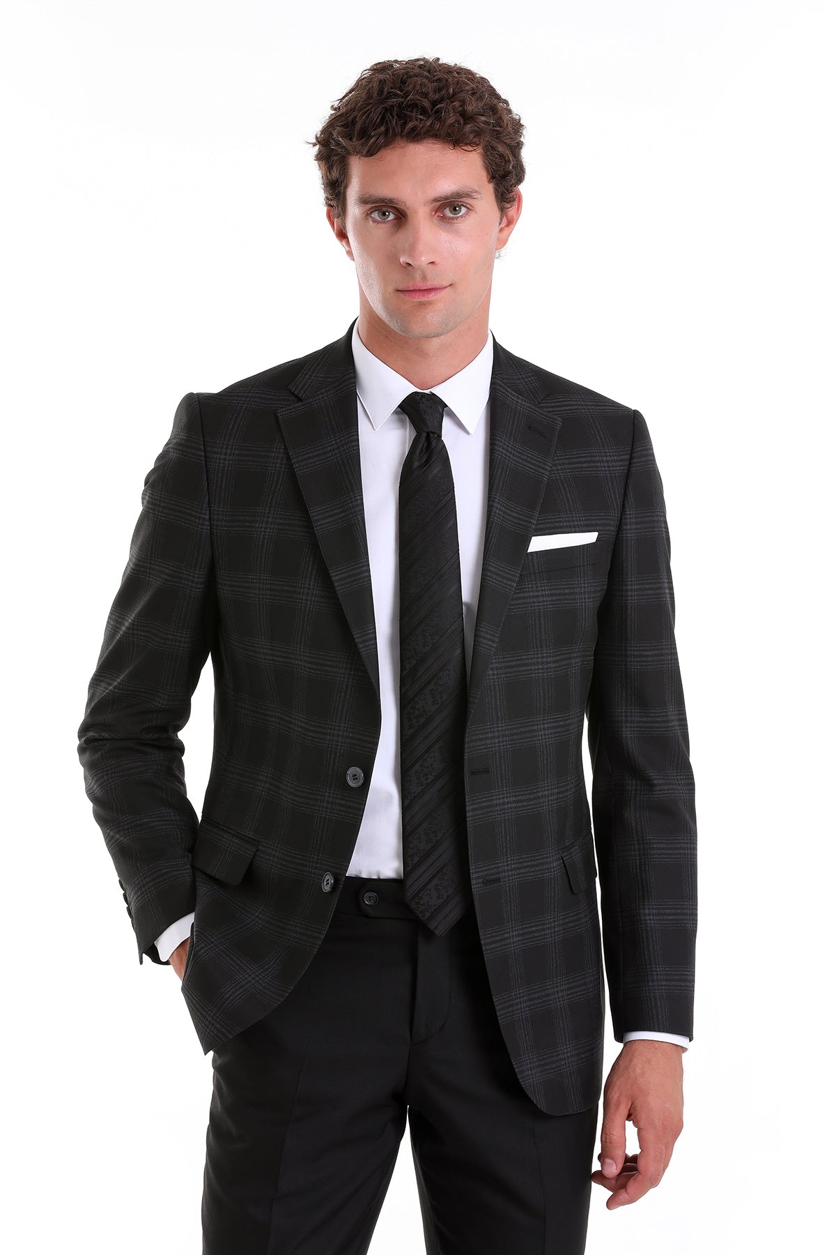 Slim Fit Notch Lapel Plaid Black Casual Suit - MIB