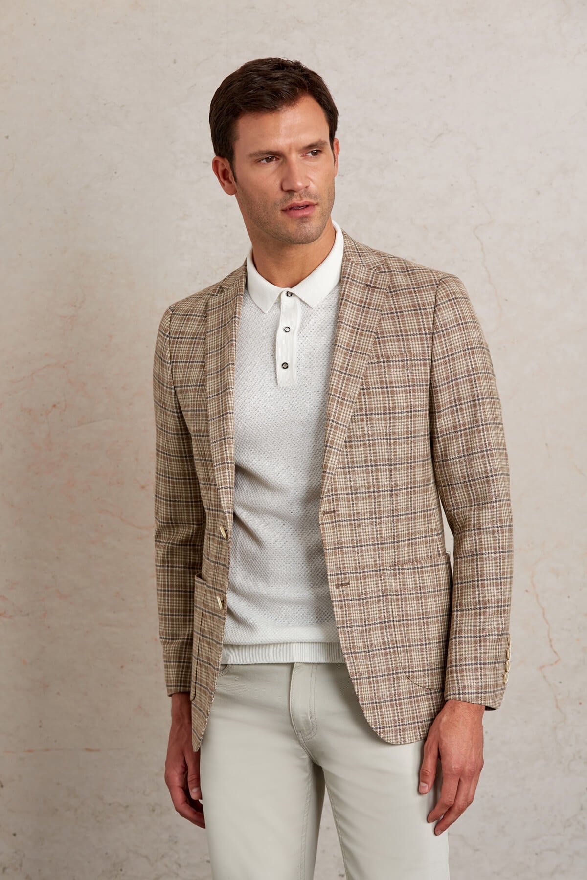 Slim Fit Notch Lapel Plaid Brown Casual Blazer - SAYKI