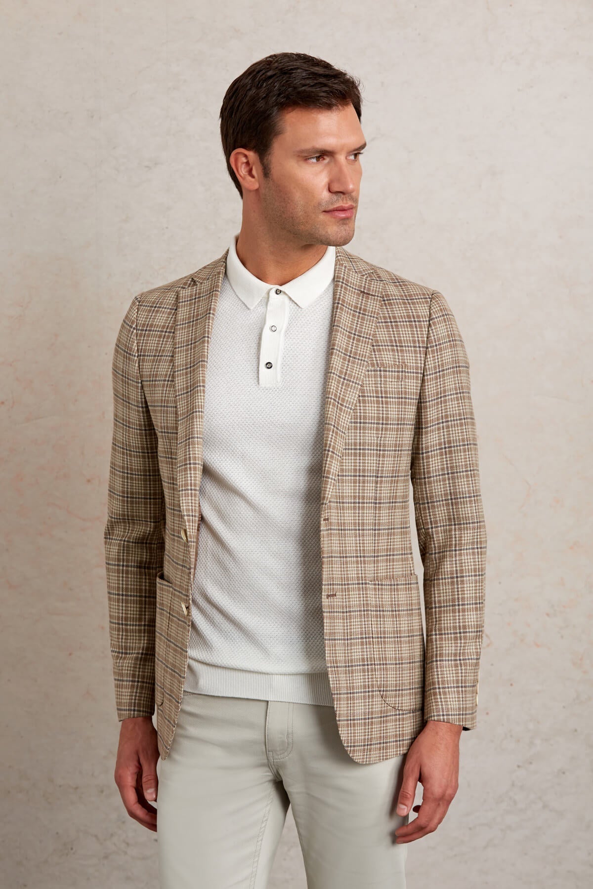 Slim Fit Notch Lapel Plaid Brown Casual Blazer - SAYKI